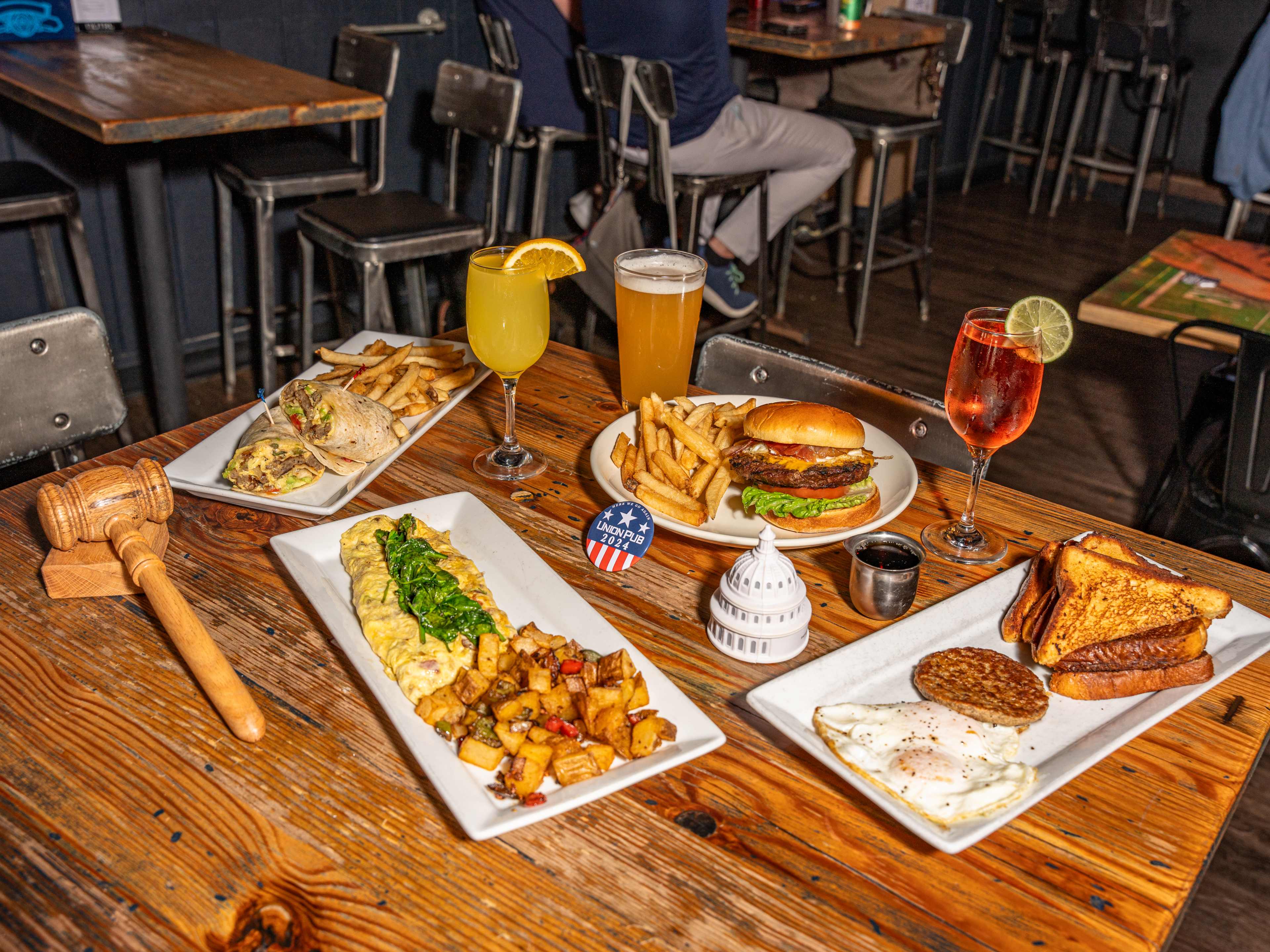 spread of brunch dishes and drinks