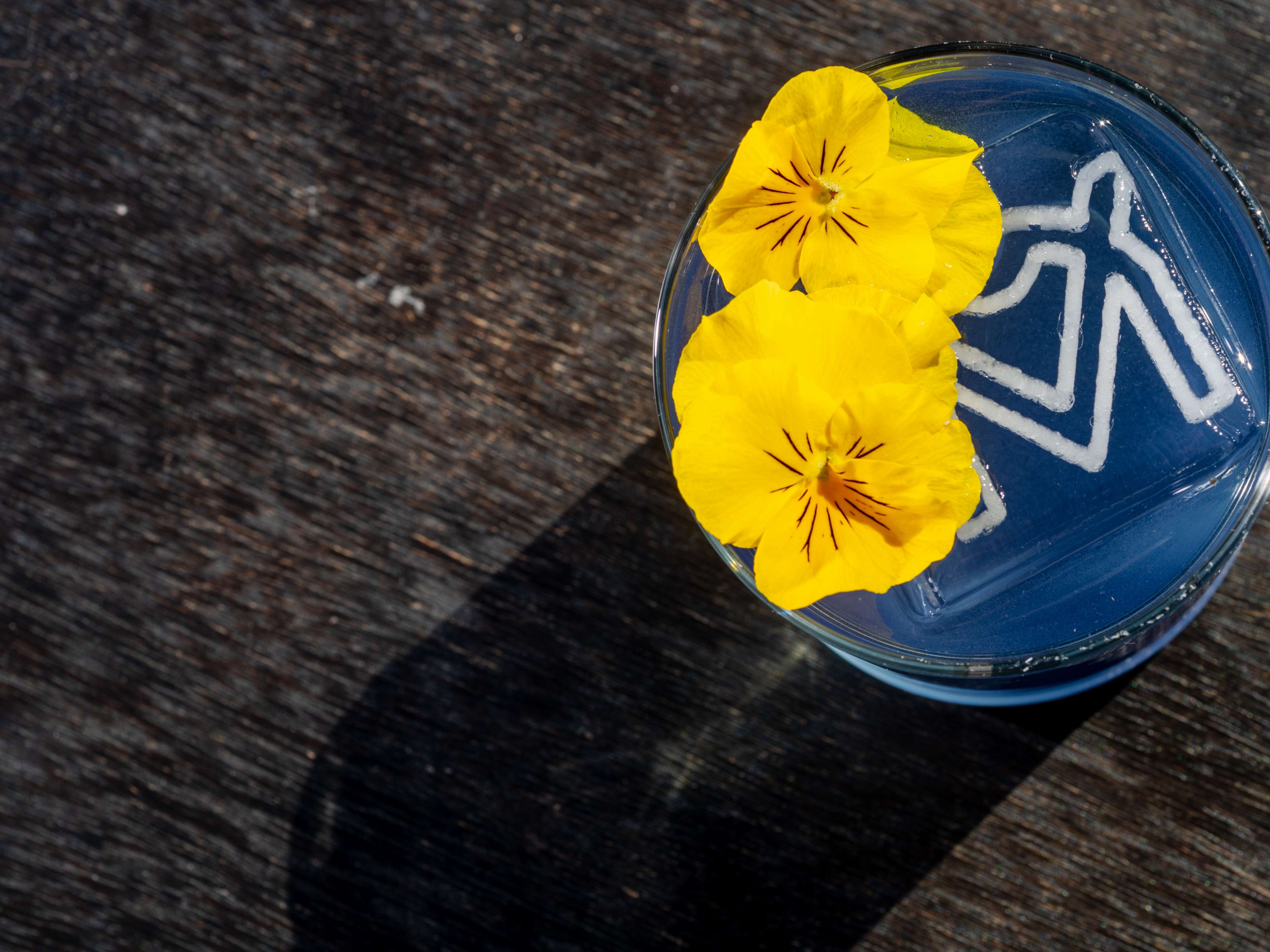 A blue cocktail with yellow flower garnish from Vu Rooftop.