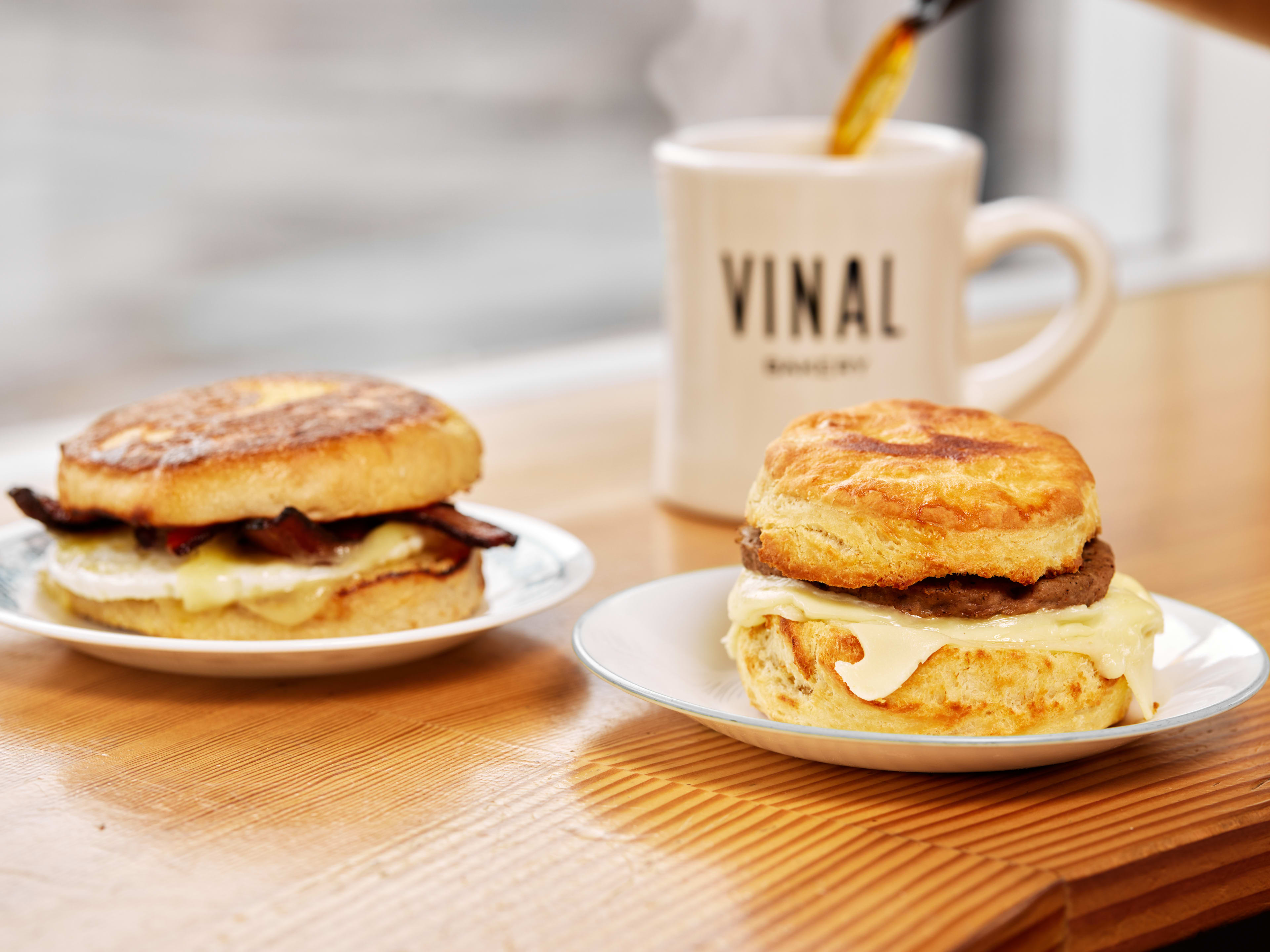 Breakfast sandwiches on fresh baked English muffins at Vinal Bakery