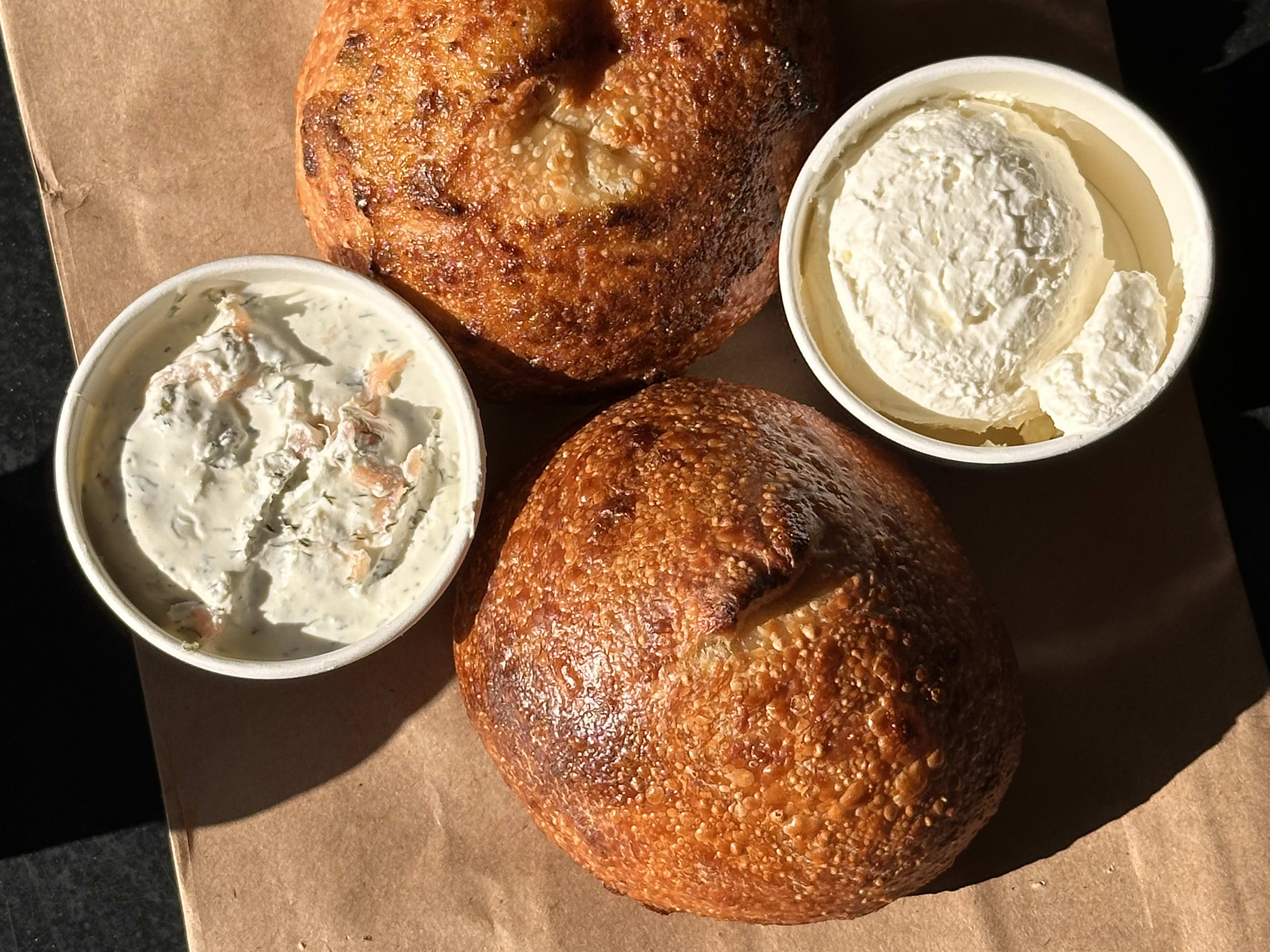 Wake and Late rip-and-dip bagels with cream cheese