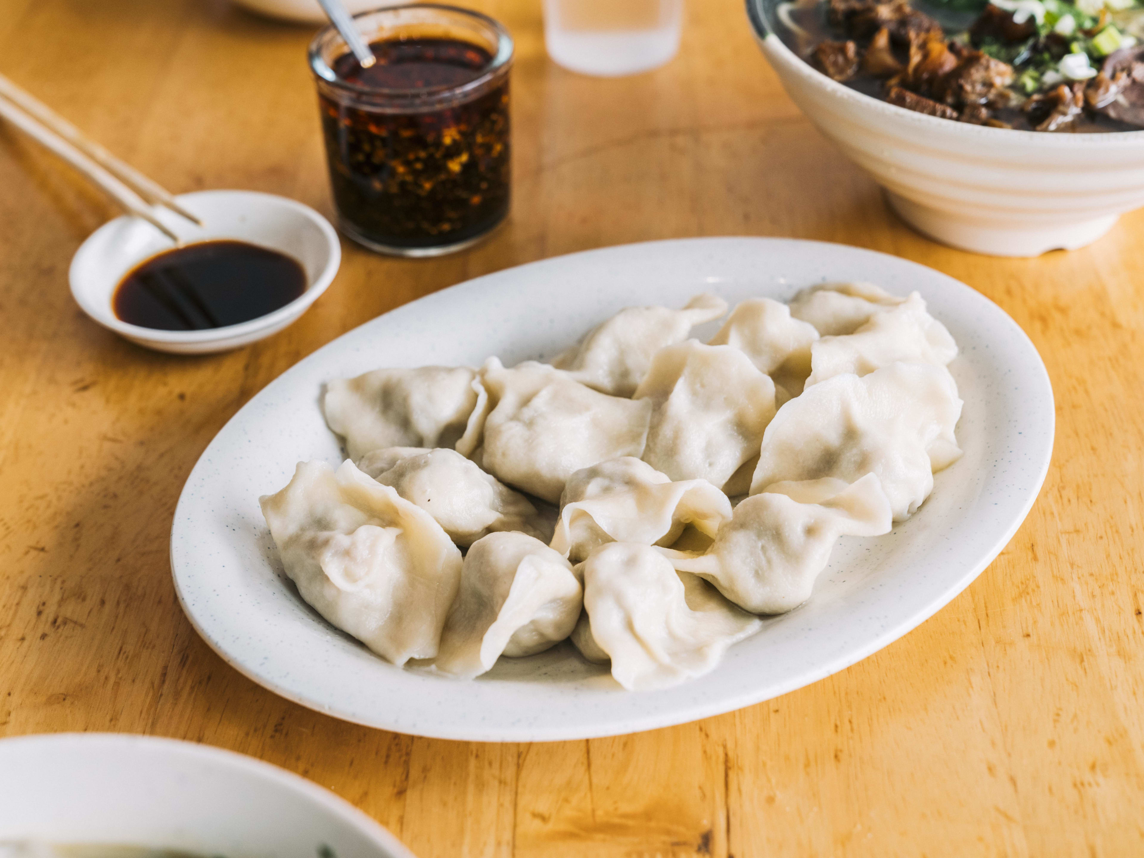 A plate of mushroom and fish dumplings at Yuanbao Jiaozi