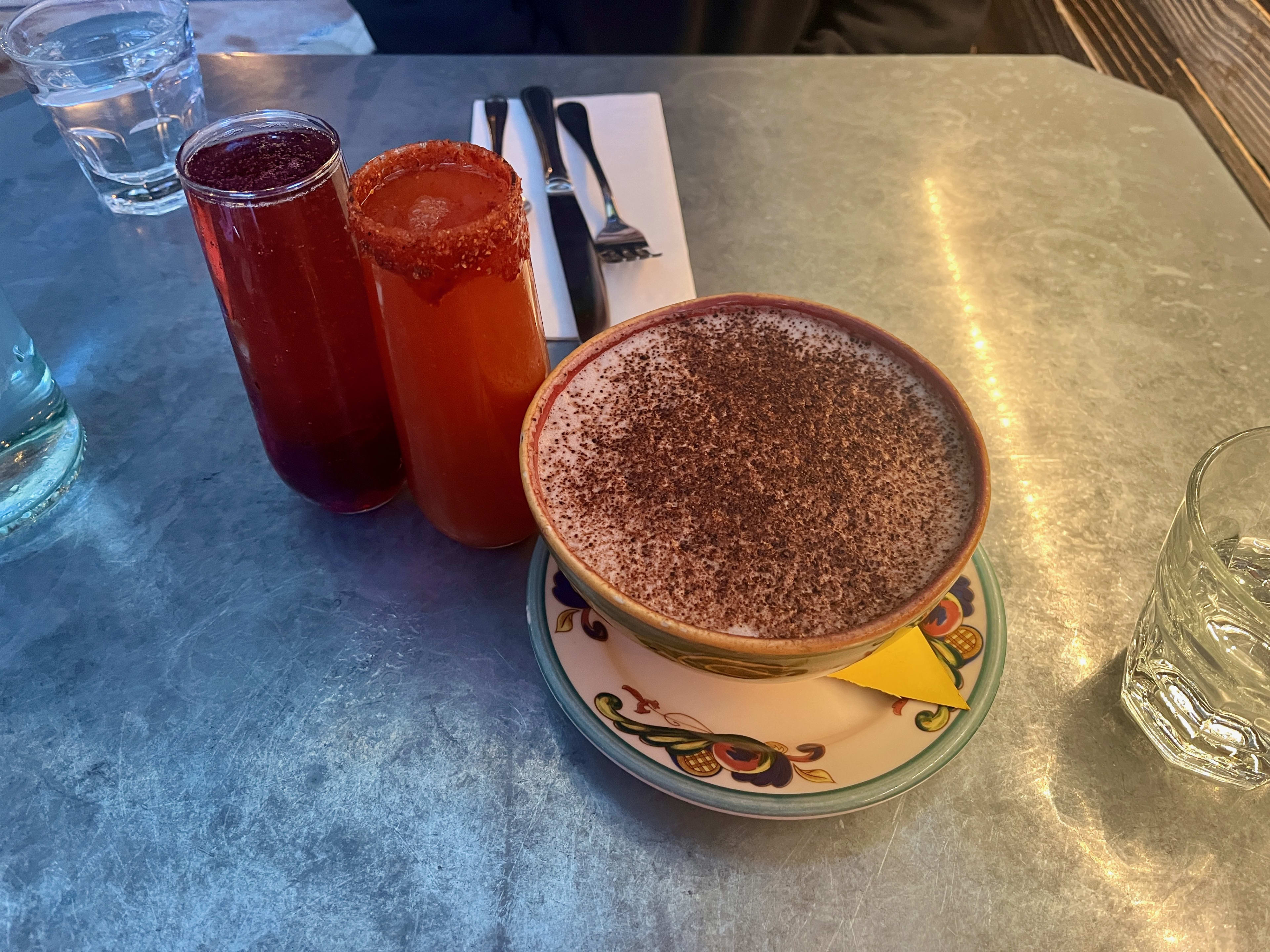 Two mimsas and the chocolat chaud at Zazie.