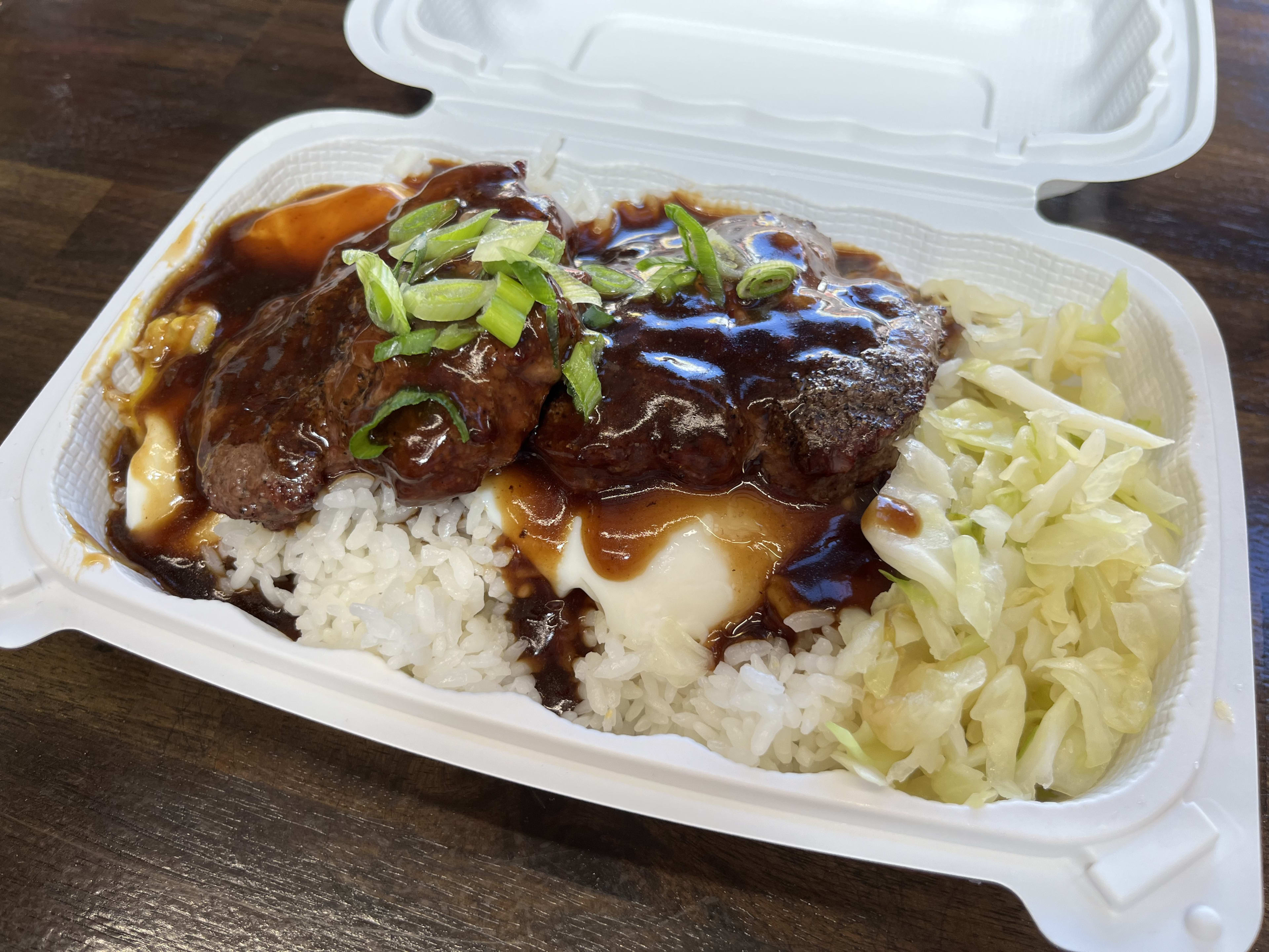 loco moco in a takeout container