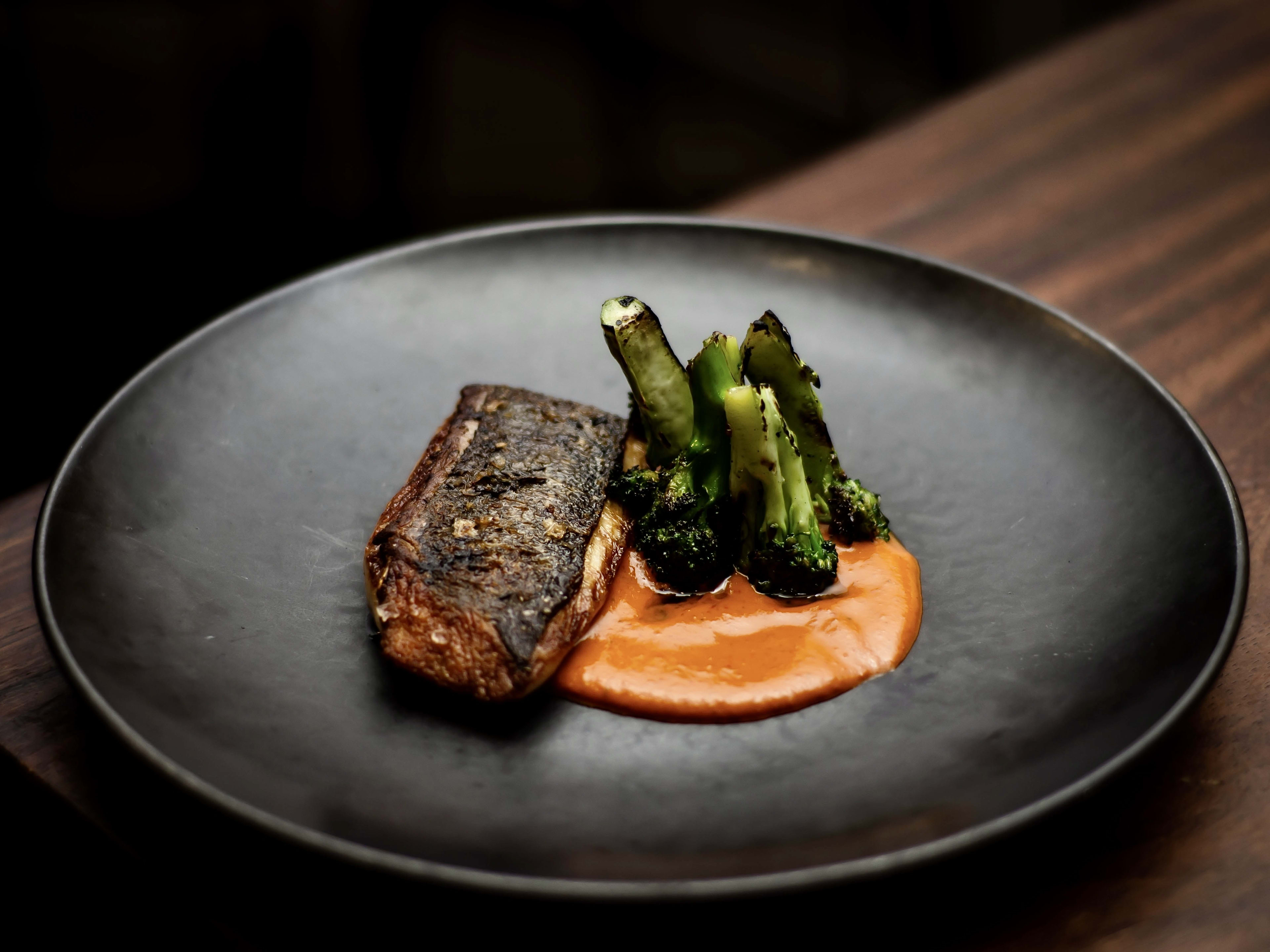 Artful plating of fish, sauce, and broccoli on a modern plate.