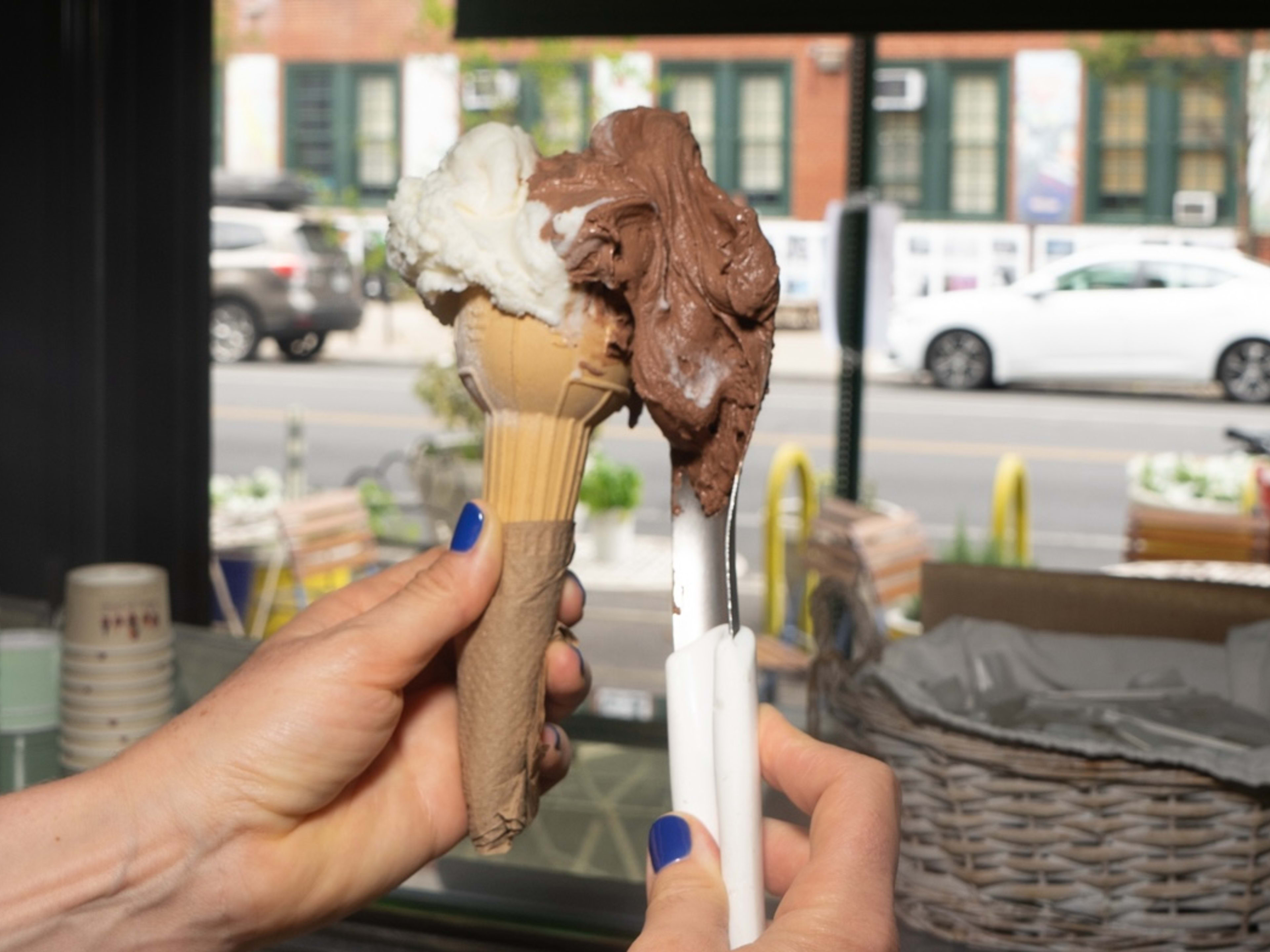 Two gelato cones from L'Albero dei Gelati.