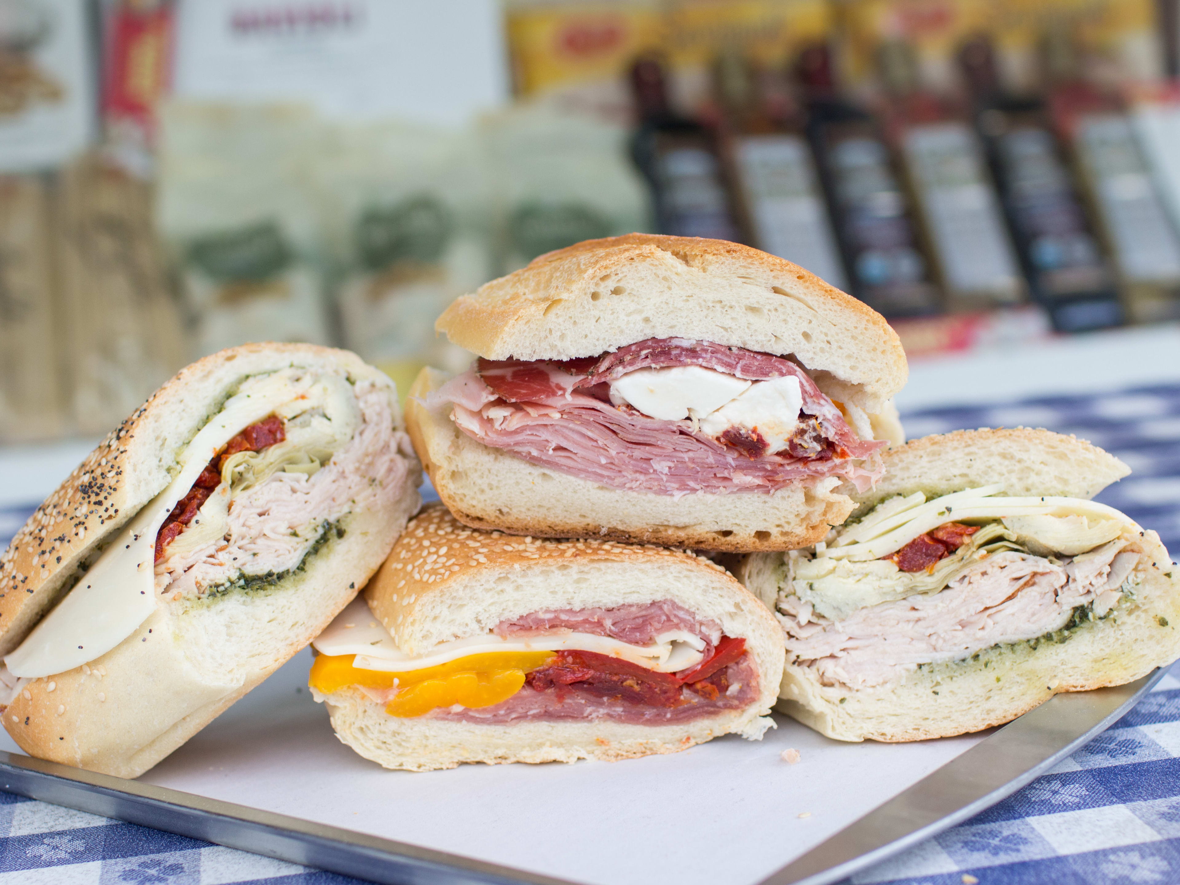 A stack of sandwiches at Molinari Delicatessen