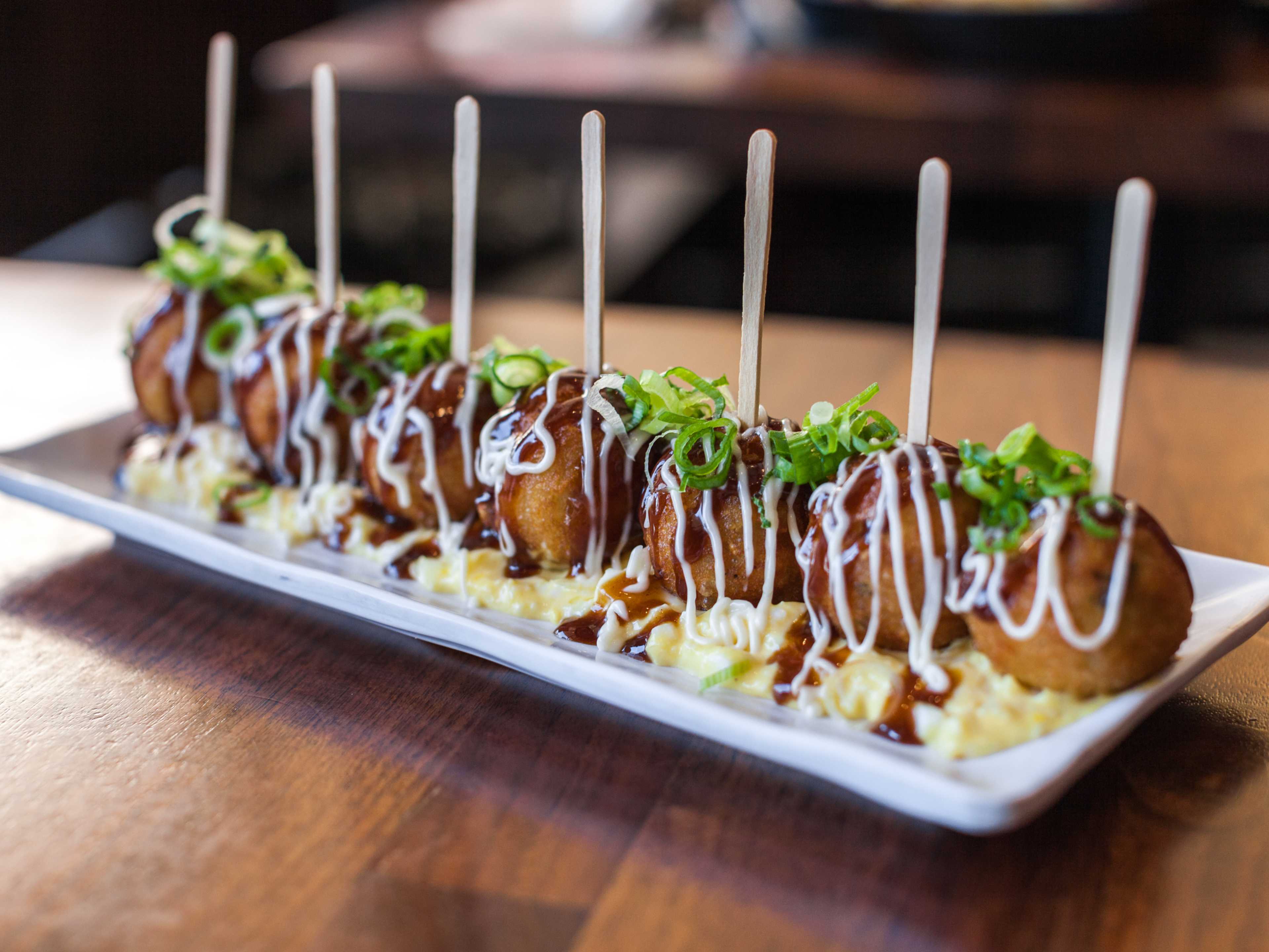 A line of takoyaki.