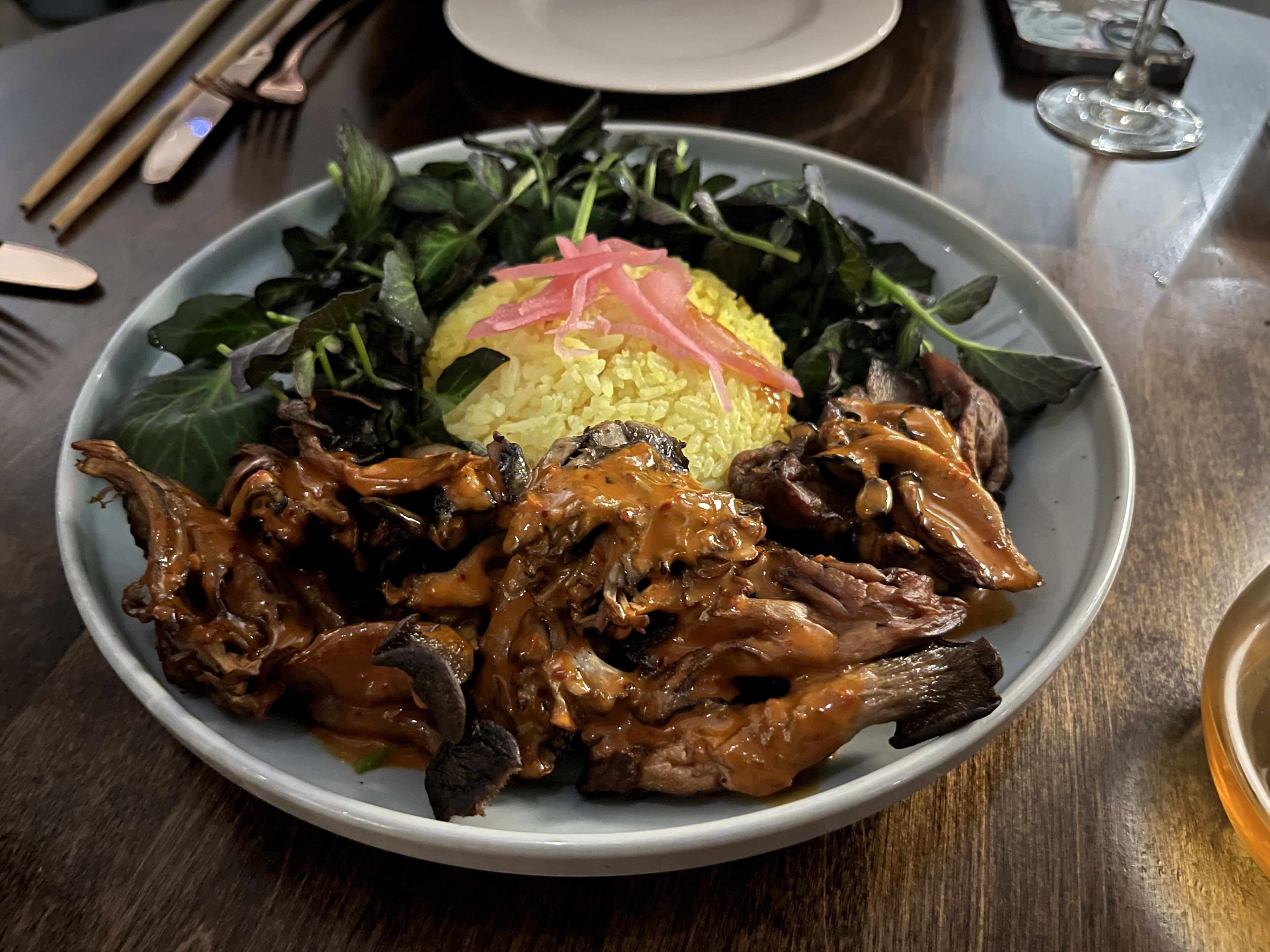 Tivoli mushrooms, rice and greens at The Aviary Kinderhook.