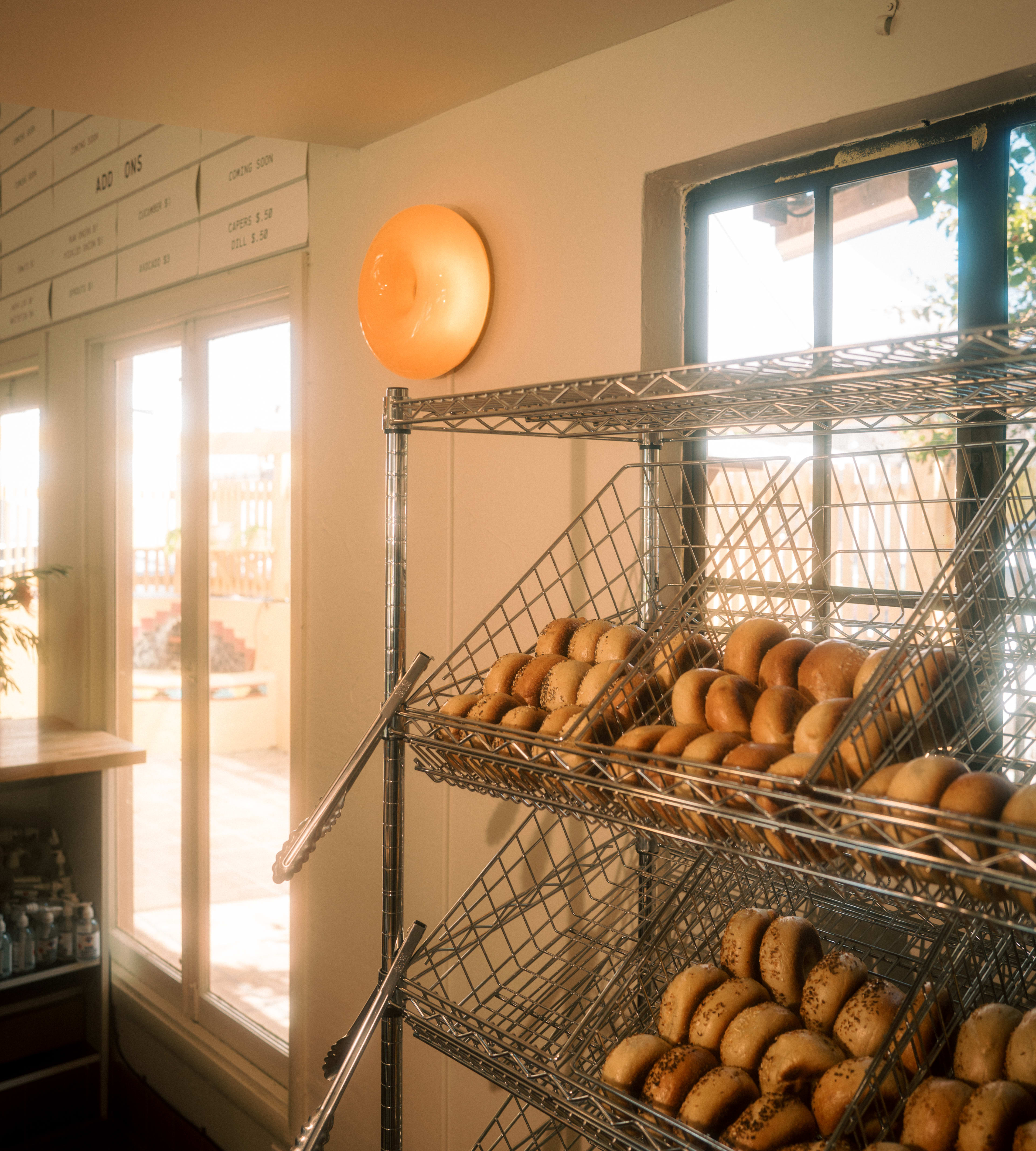 Shelves of bagels at Hella Bagels