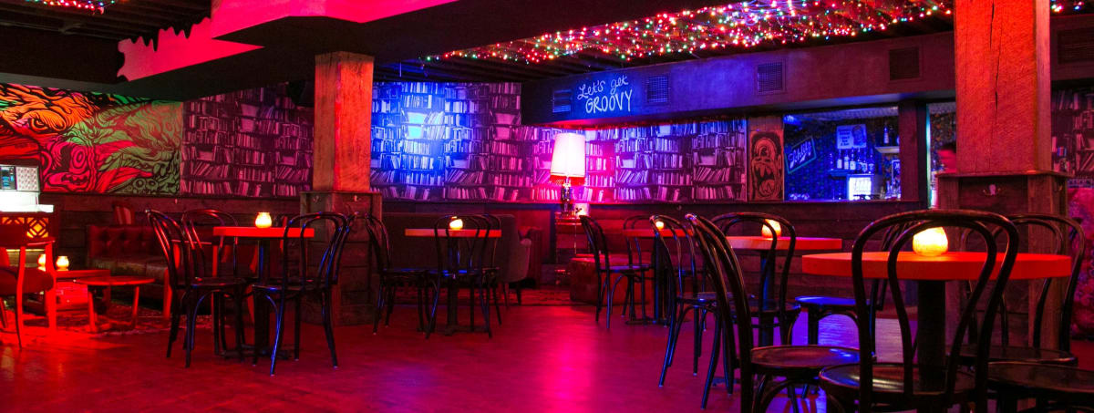 Night club Bar counter. Dance club's neon-lit interior. Modern