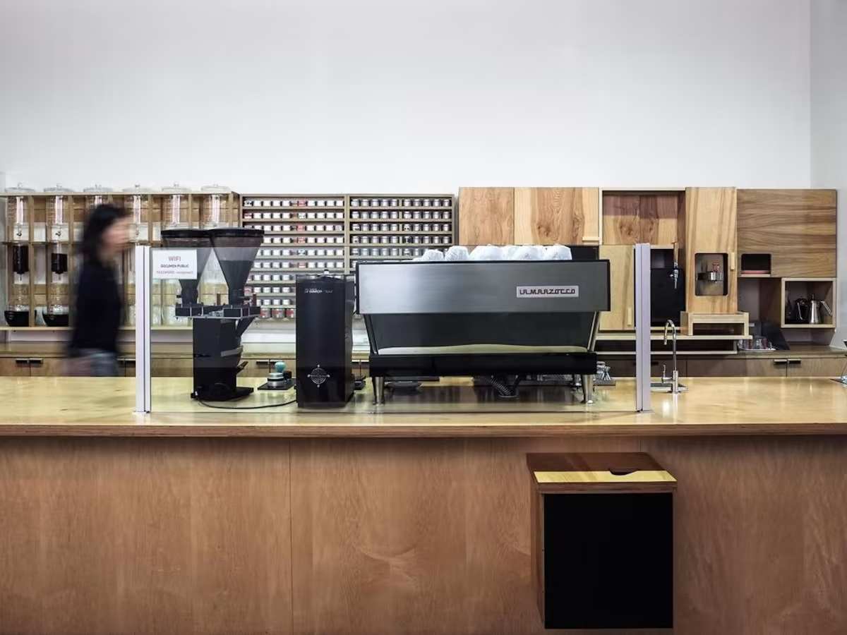 Interior of Document Coffee Bar in Koreatown Los Angeles showing the minimalist counter and seating area
