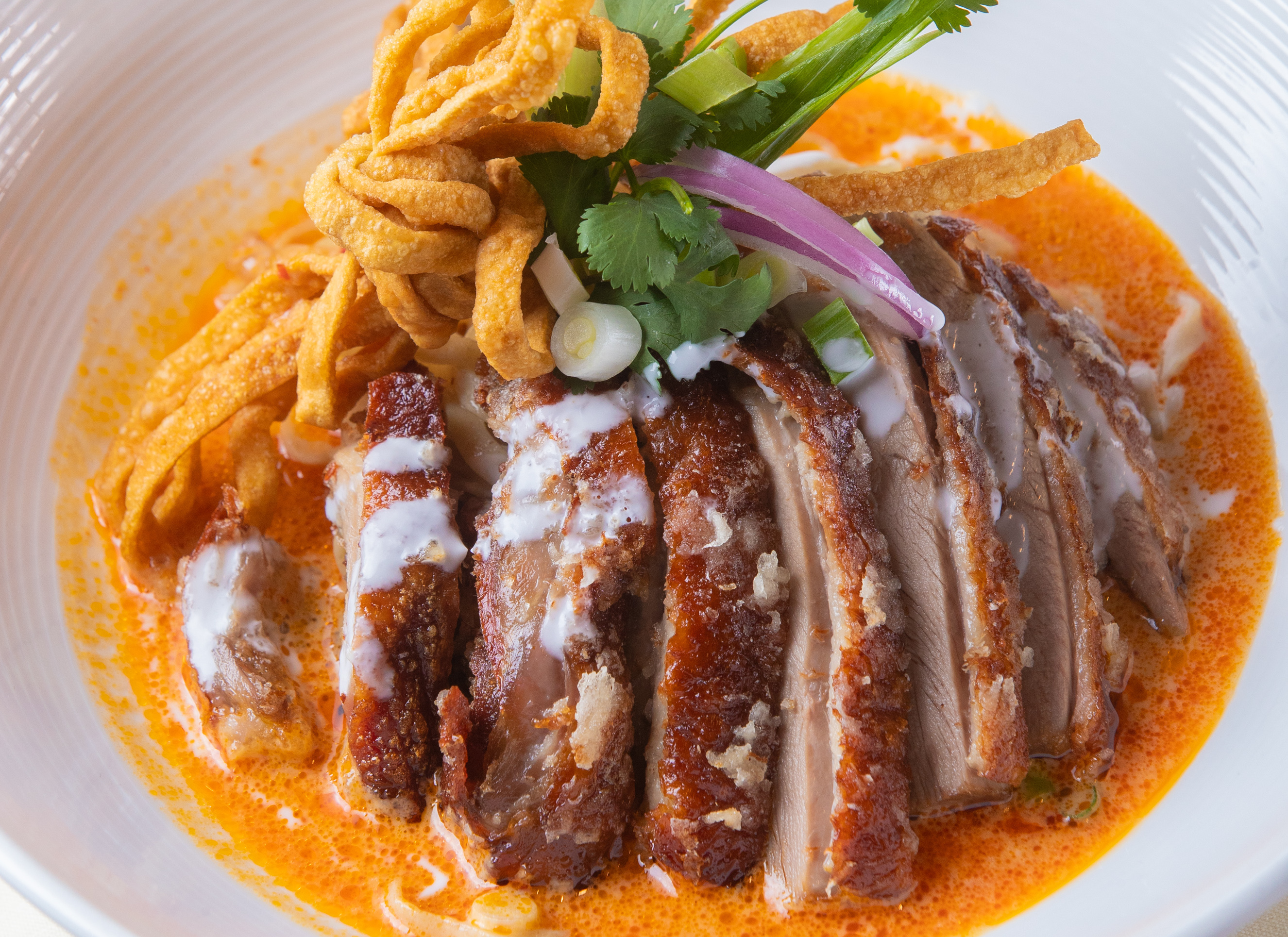 Crispy duck curry noodles at Lotus of Siam