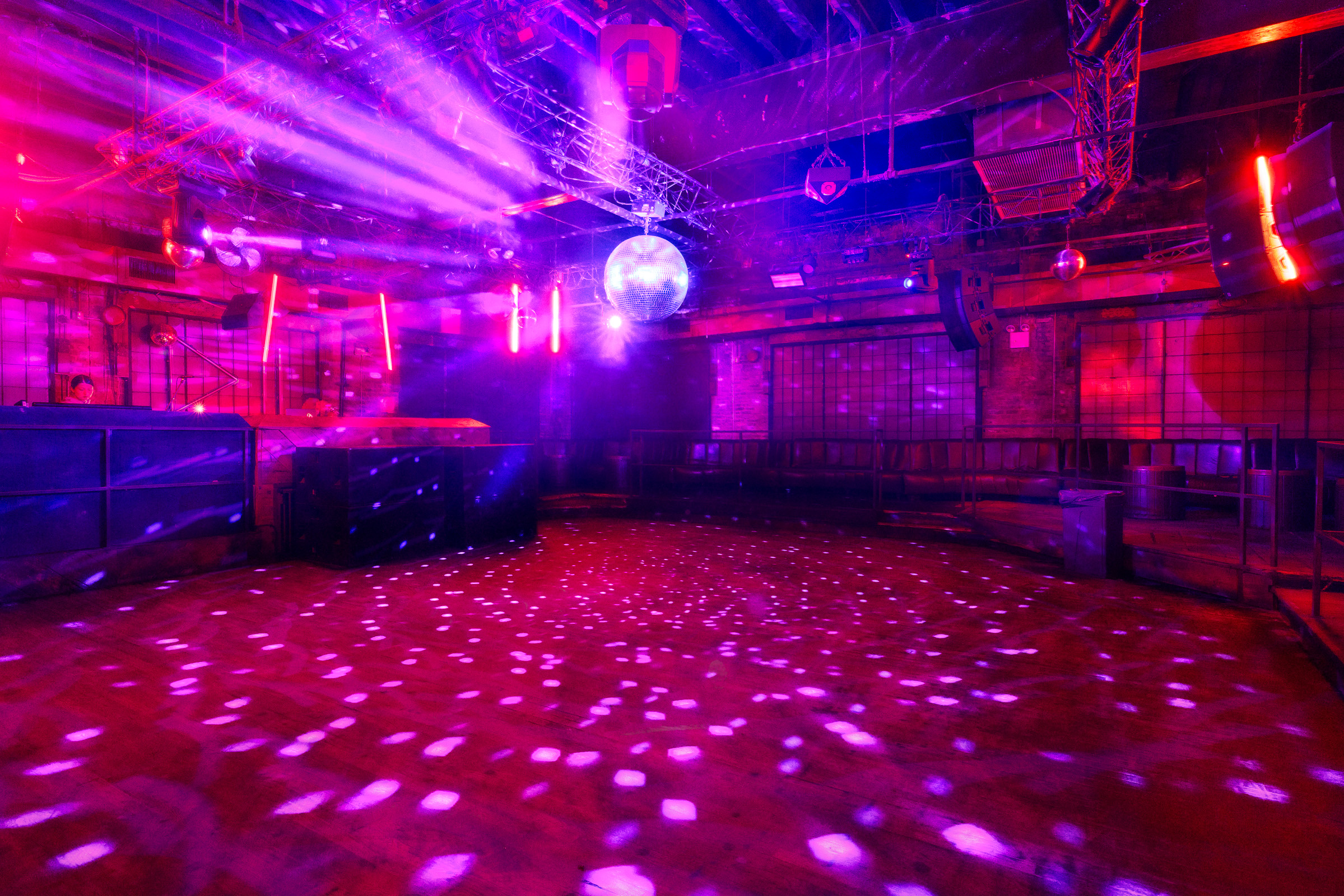 Good Room Brooklyn interior dance floor with LED lighting and disco ball
