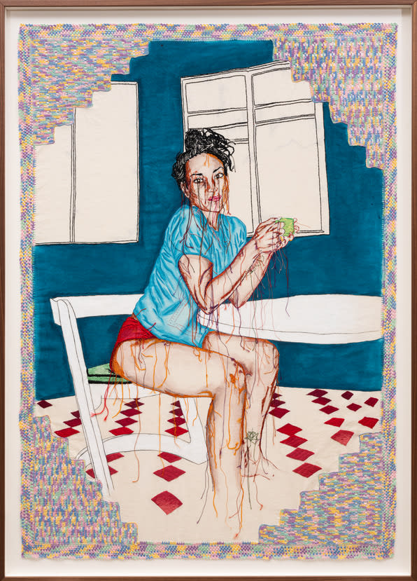 Zoë Buckman, in full command of every plan you wrecked, Acrylic, ink, cotton, crochet, hand embroidery on vintage textile, 2024