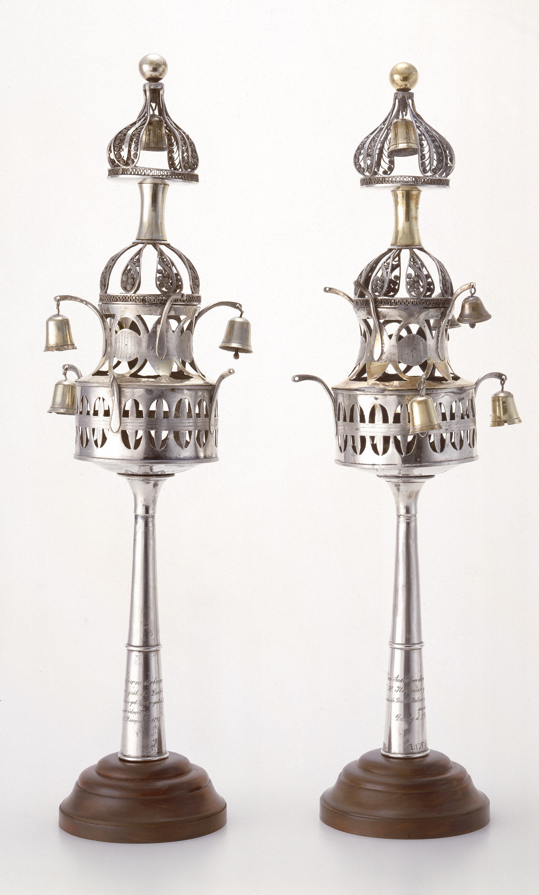 Torah Finials, Silver: filigree, pierced, engraved, and parcel-gilt, c. 1800; 1893 (date of inscription)