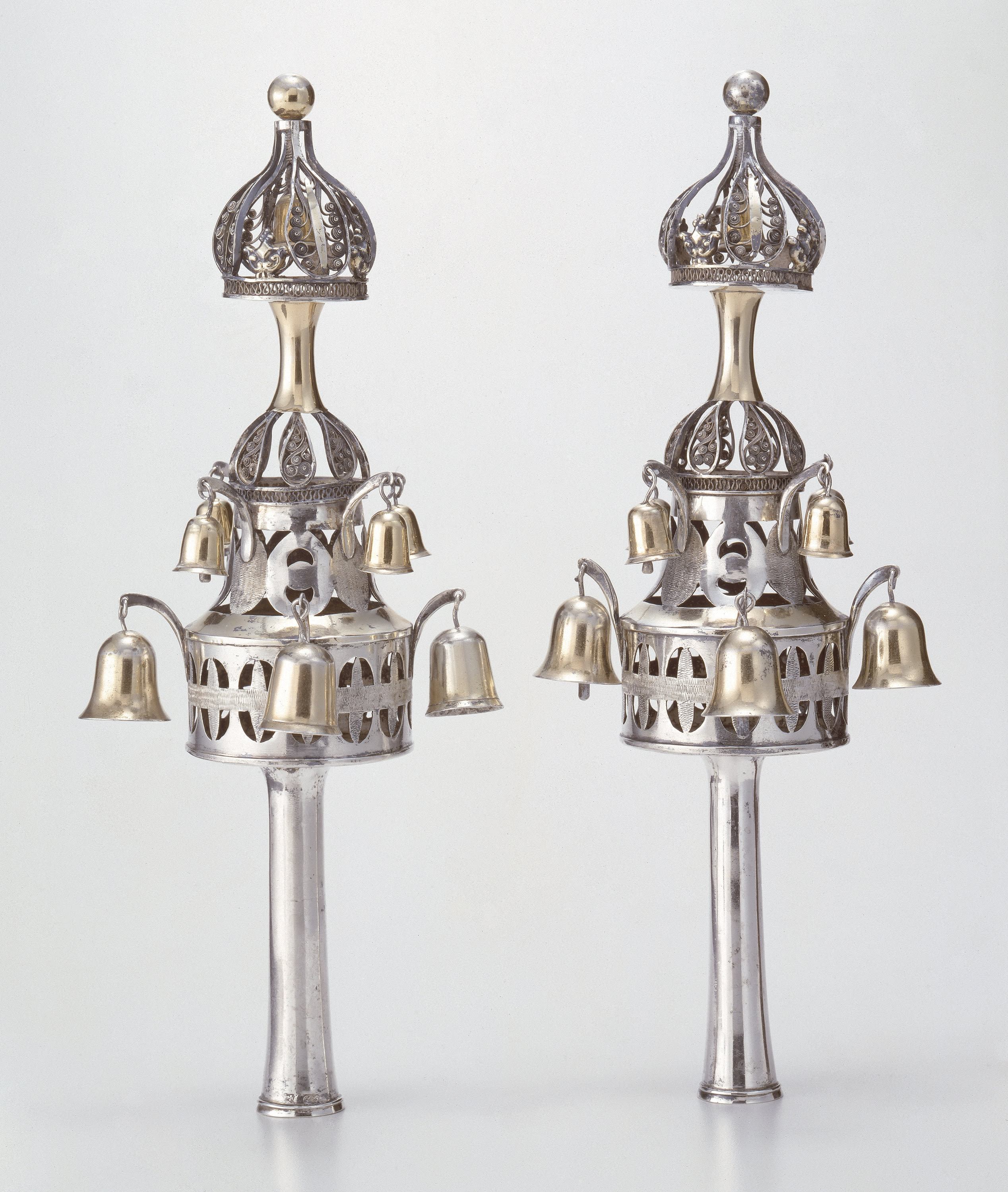 G F M, Torah Finials, Silver: filigree, pierced, die-stamped, engraved, and parcel-gilt, c. 1800-1830