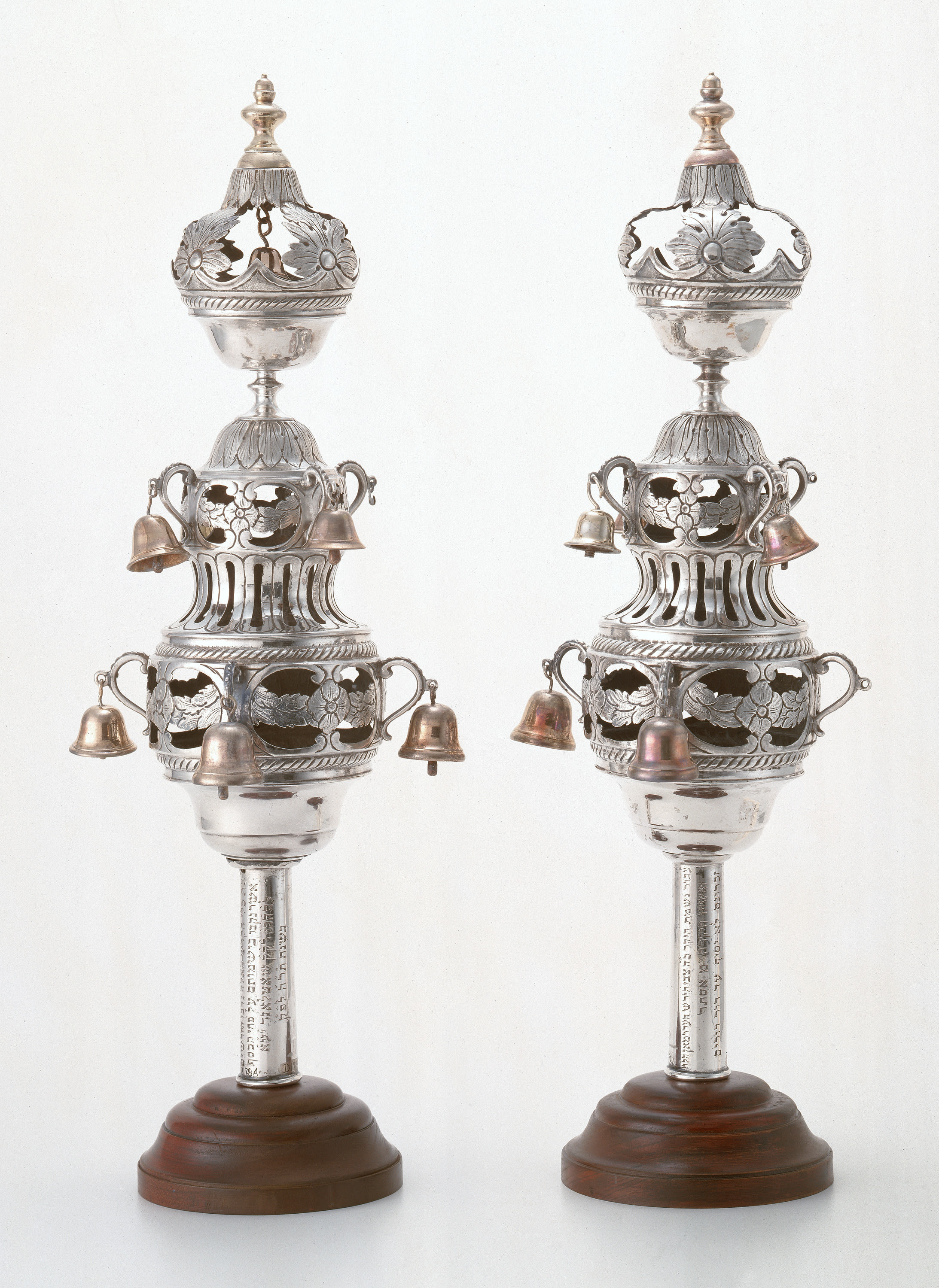 Casimir Ernst Burcky, Torah Finials, Silver: chased, pierced, repoussé, cast, and parcel-gilt, c. 1804-1815; 1844/45 (date of inscription)