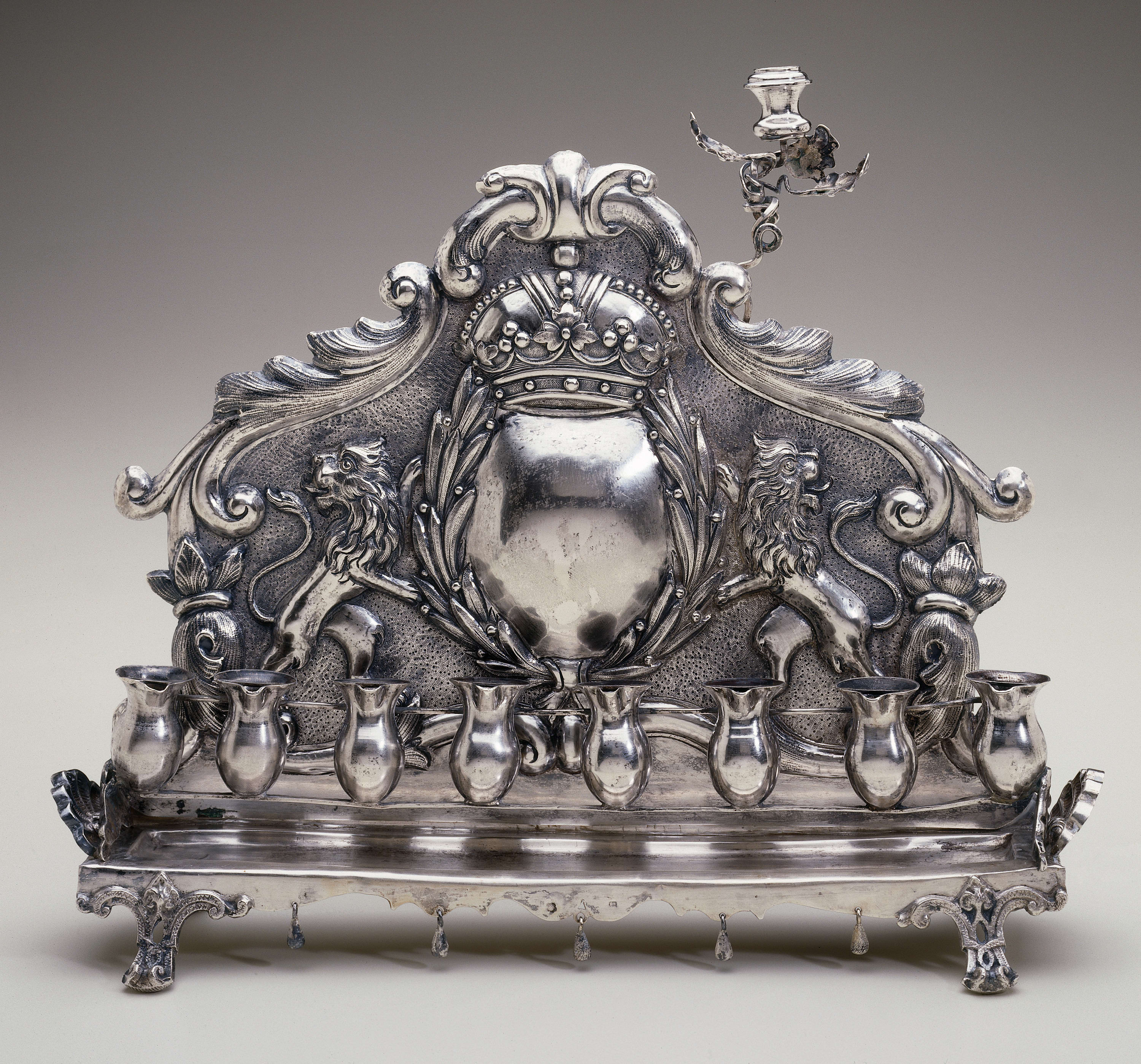 B R, Hanukkah Lamp, Silver: repoussé, traced, punched, and cast, 1867–71