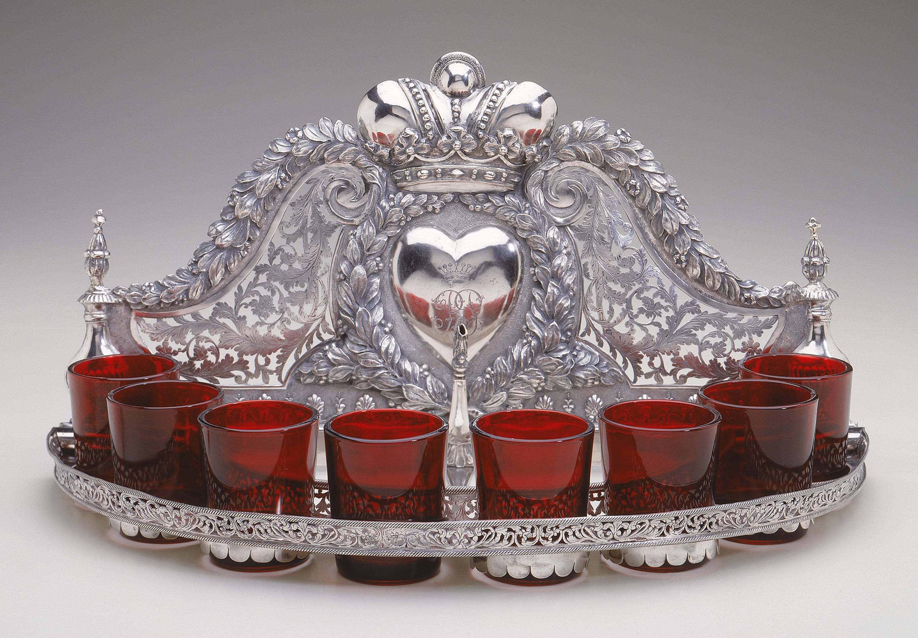 Georg Jowanov, Hanukkah Lamp, Silver: repoussé, pierced, traced, punched, rolled, and cast; glass, 1838