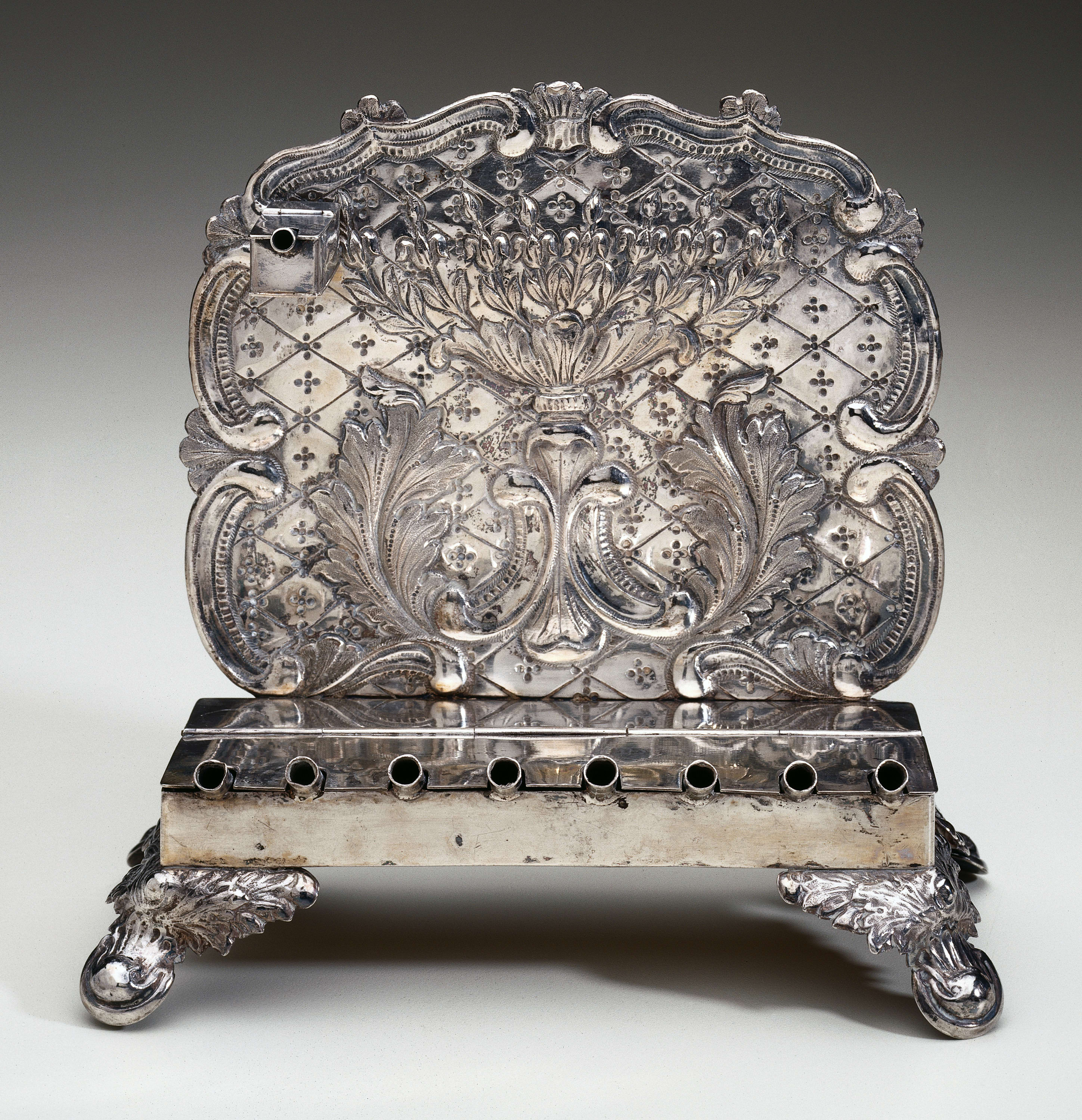 Hanukkah Lamp, Silver: repoussé, traced, punched, parcel-gilt, and cast, mid-19th century
