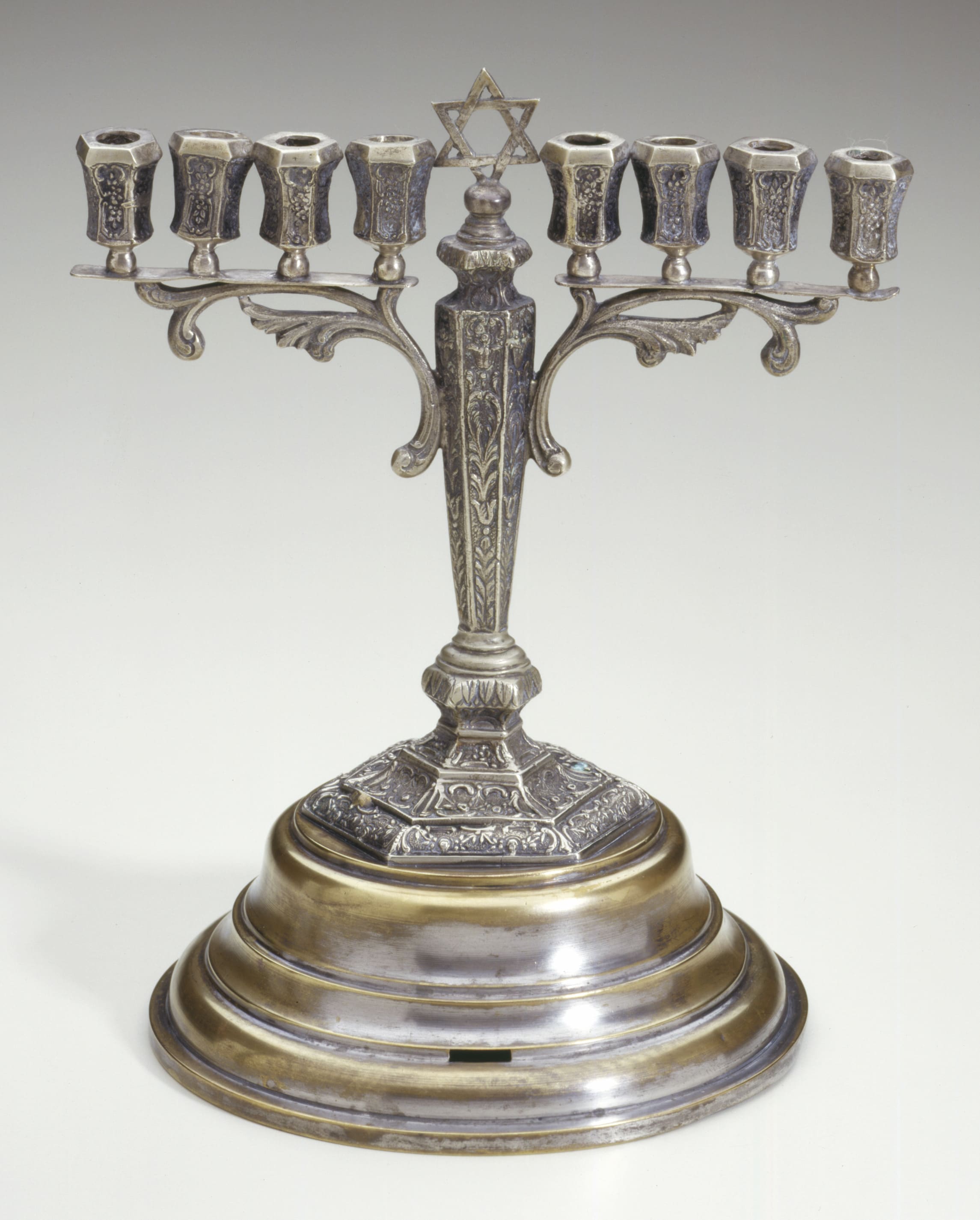 Hanukkah Lamp, Copper alloy: cast, lathe-turned, and silver-plated, late 19th-early 20th century (?)