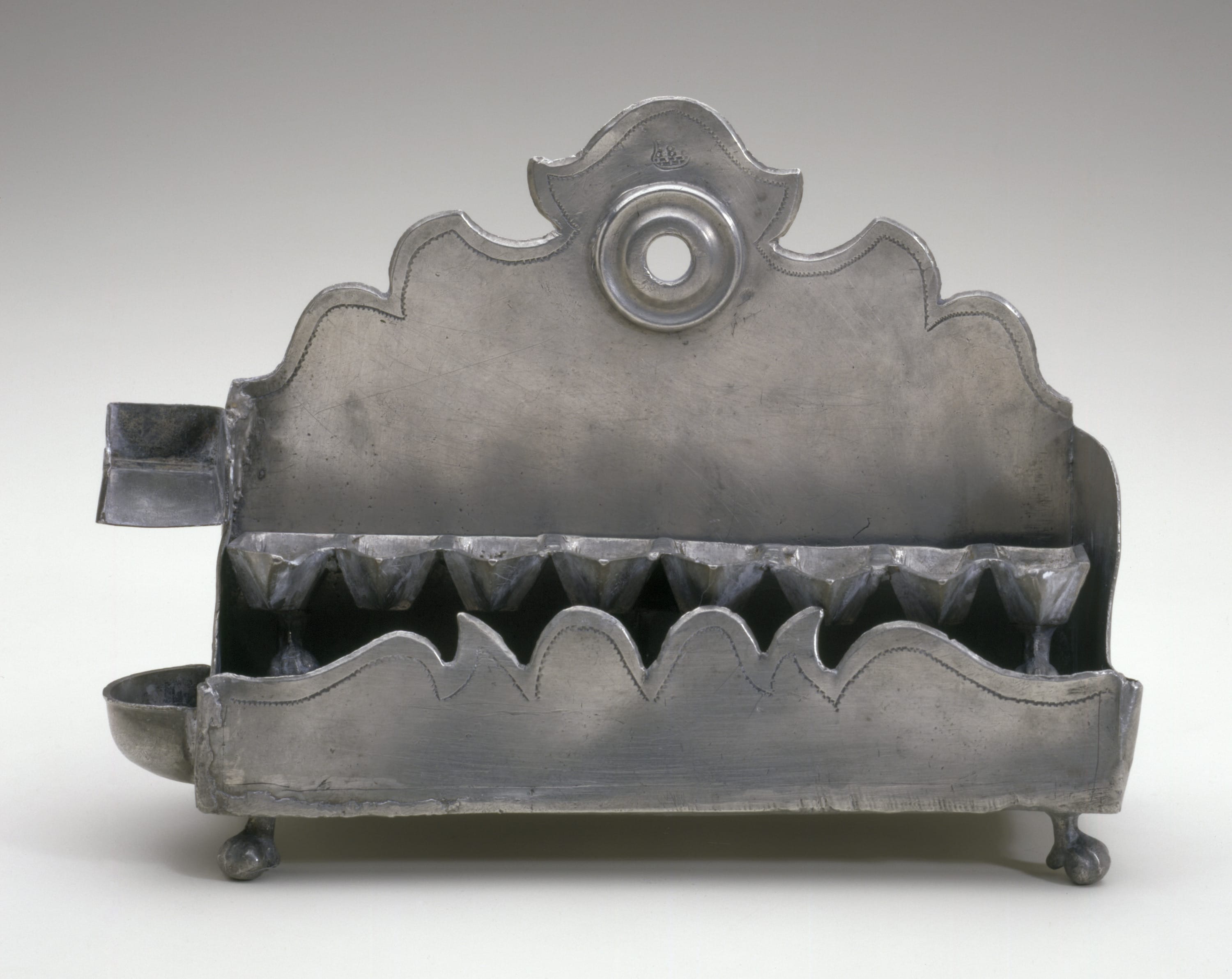 Johann Marcellus Günzler, Hanukkah Lamp, Pewter: wrigglework, pierced, and cast, late 18th century
