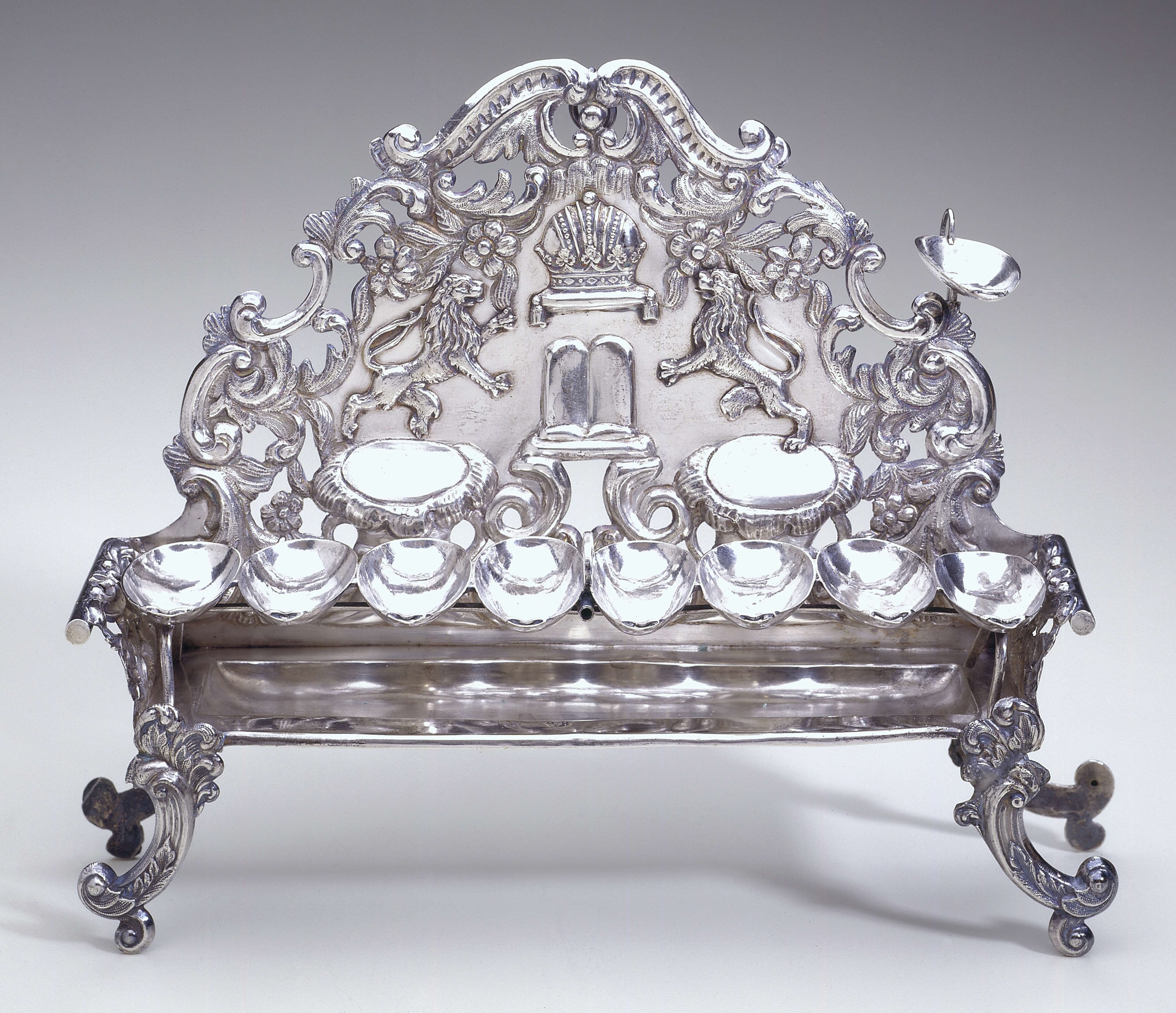 Thomas Rescheck, Hanukkah Lamp, Silver: repoussé, pierced, traced, punched, and appliqué, 1848