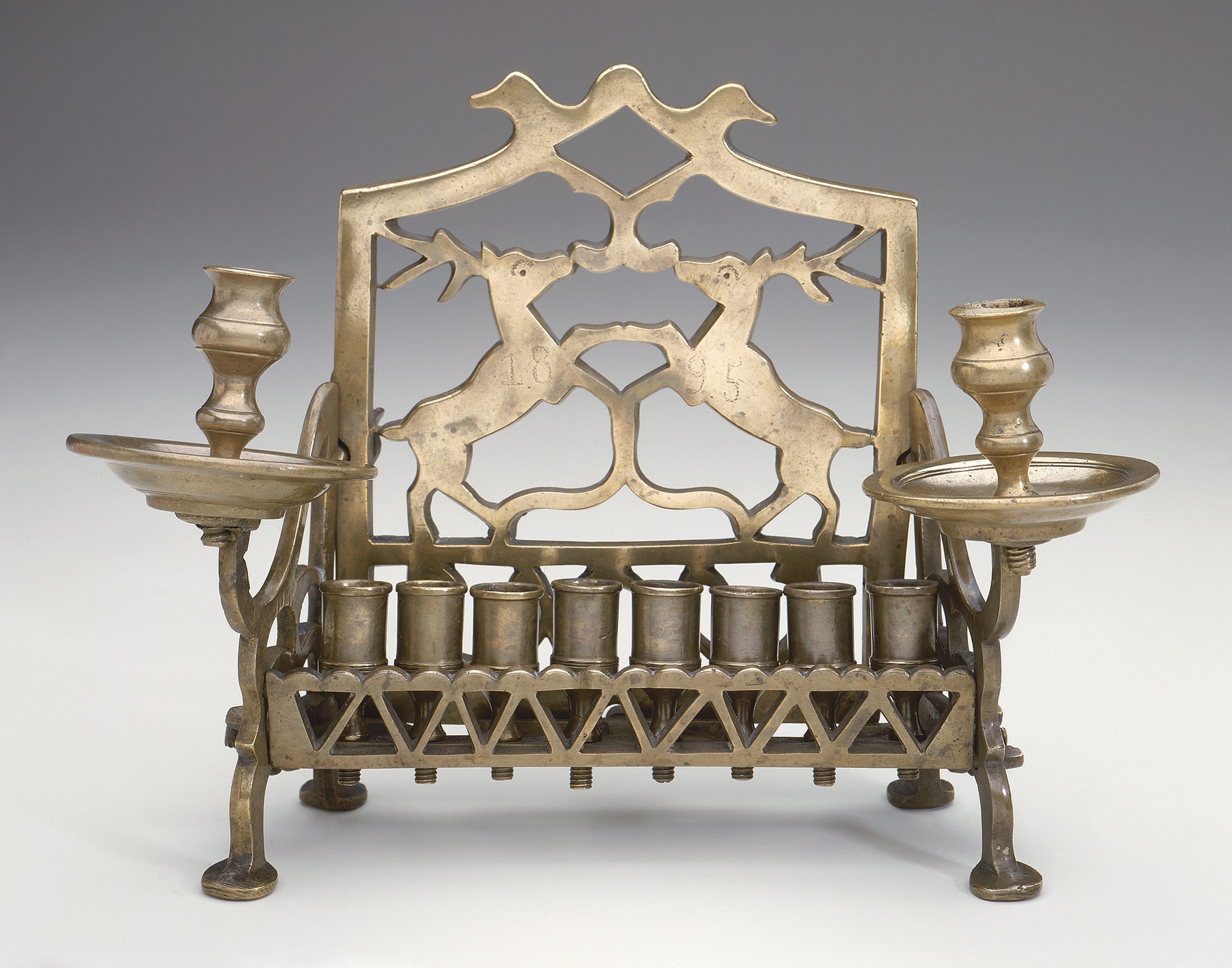 Hanukkah Lamp, Copper alloy: cast and punched, 1895 (date of inscription)