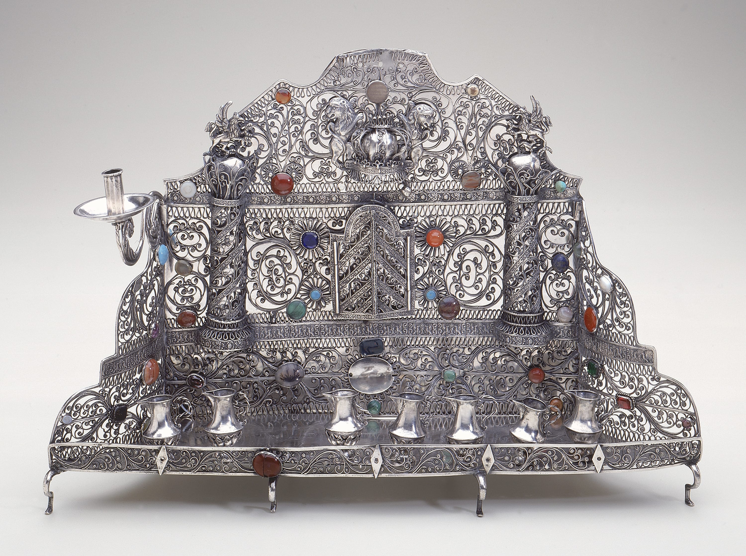 Hanukkah Lamp, Silver: filigree, appliqué, and cast; semiprecious stones; glass, first half 19th century