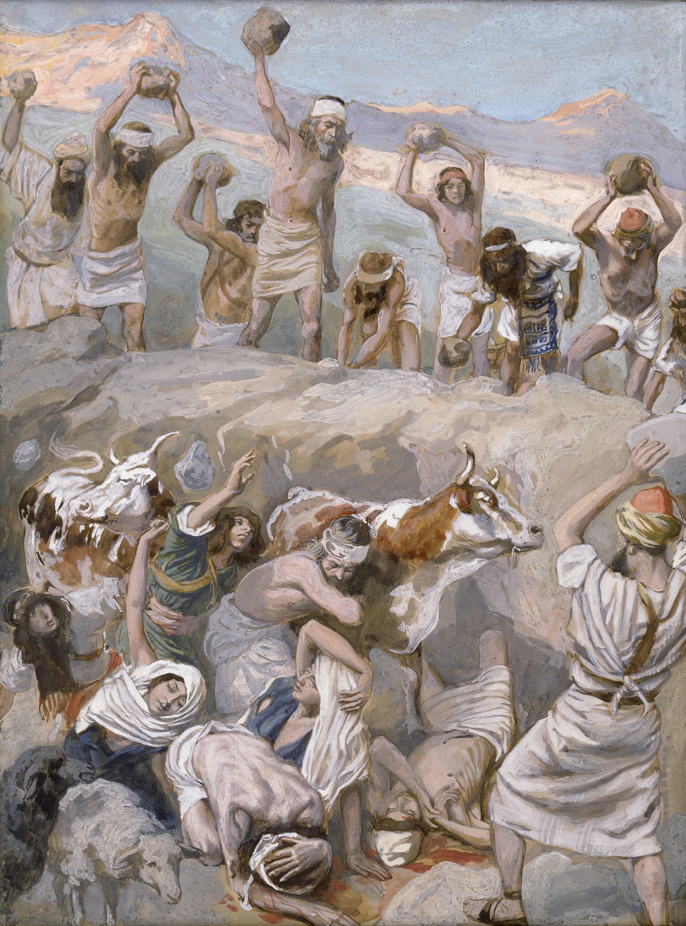 James Jacques Joseph Tissot (French, 1836-1902) and followers, Achan and His Family Stoned to Death (Lapidation de la famille d'Achan), Gouache on board, c. 1896-1902