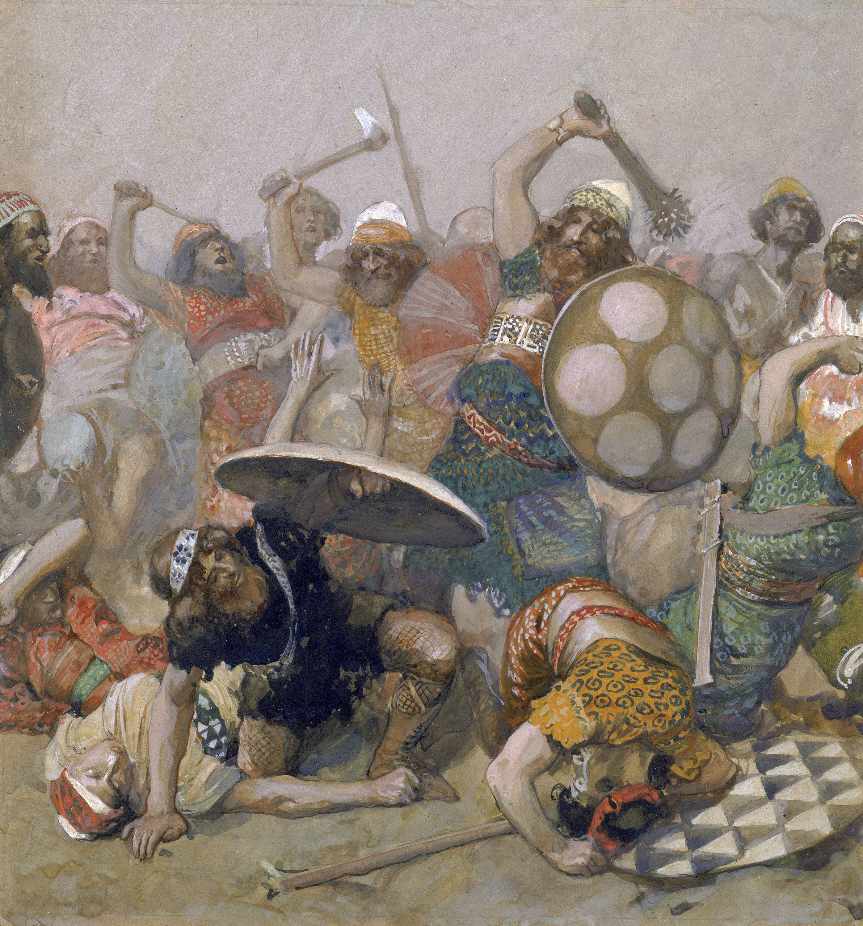 James Jacques Joseph Tissot (French, 1836-1902) and followers, Joshua Destroys the Giants (Destruction des géants par Josué), Gouache on board, c. 1896-1902