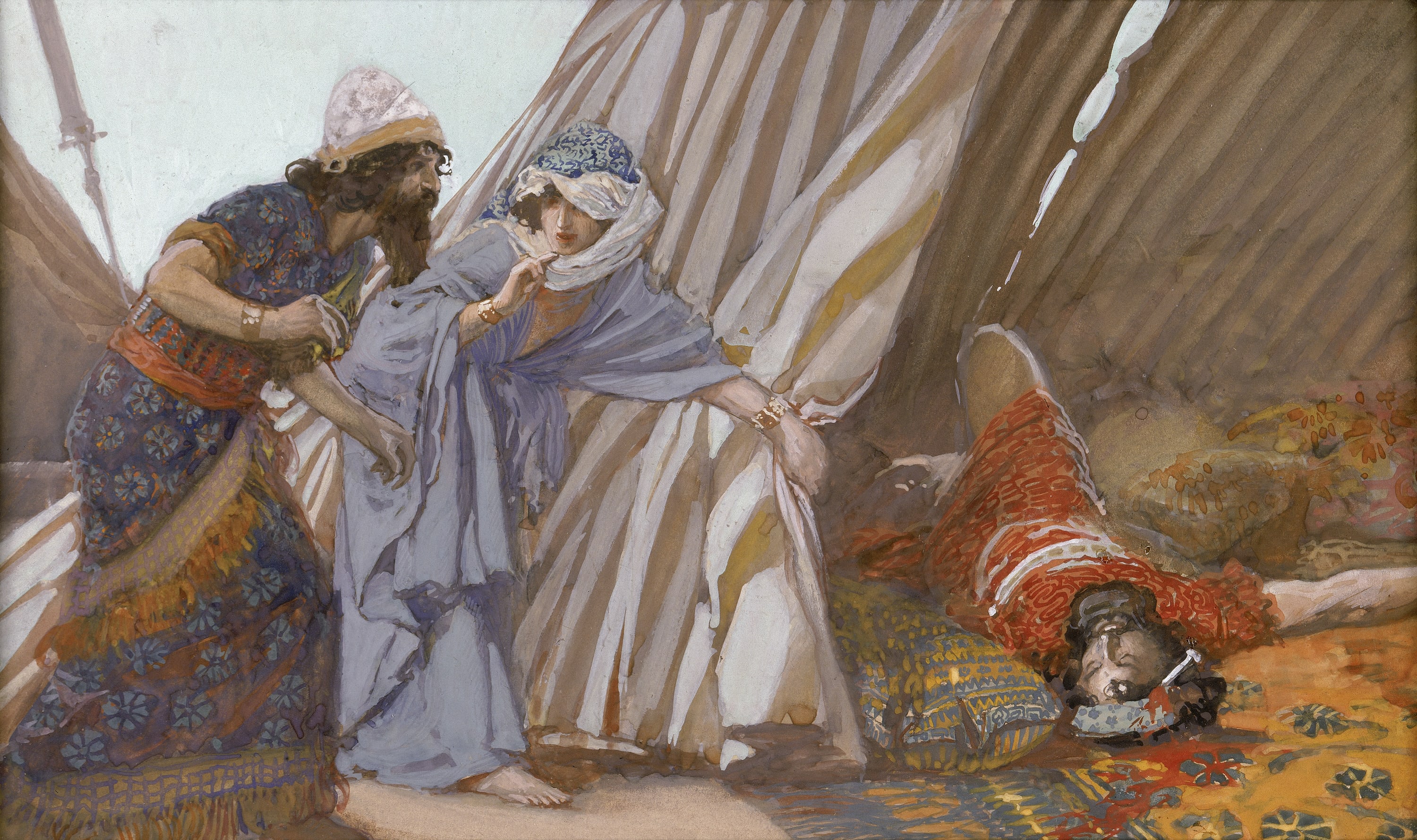 James Jacques Joseph Tissot (French, 1836-1902) and followers, Jael Shows to Barak, Sisera Lying Dead	(Jahel montre à Barac Sisara mort), Gouache on board, c. 1896-1902