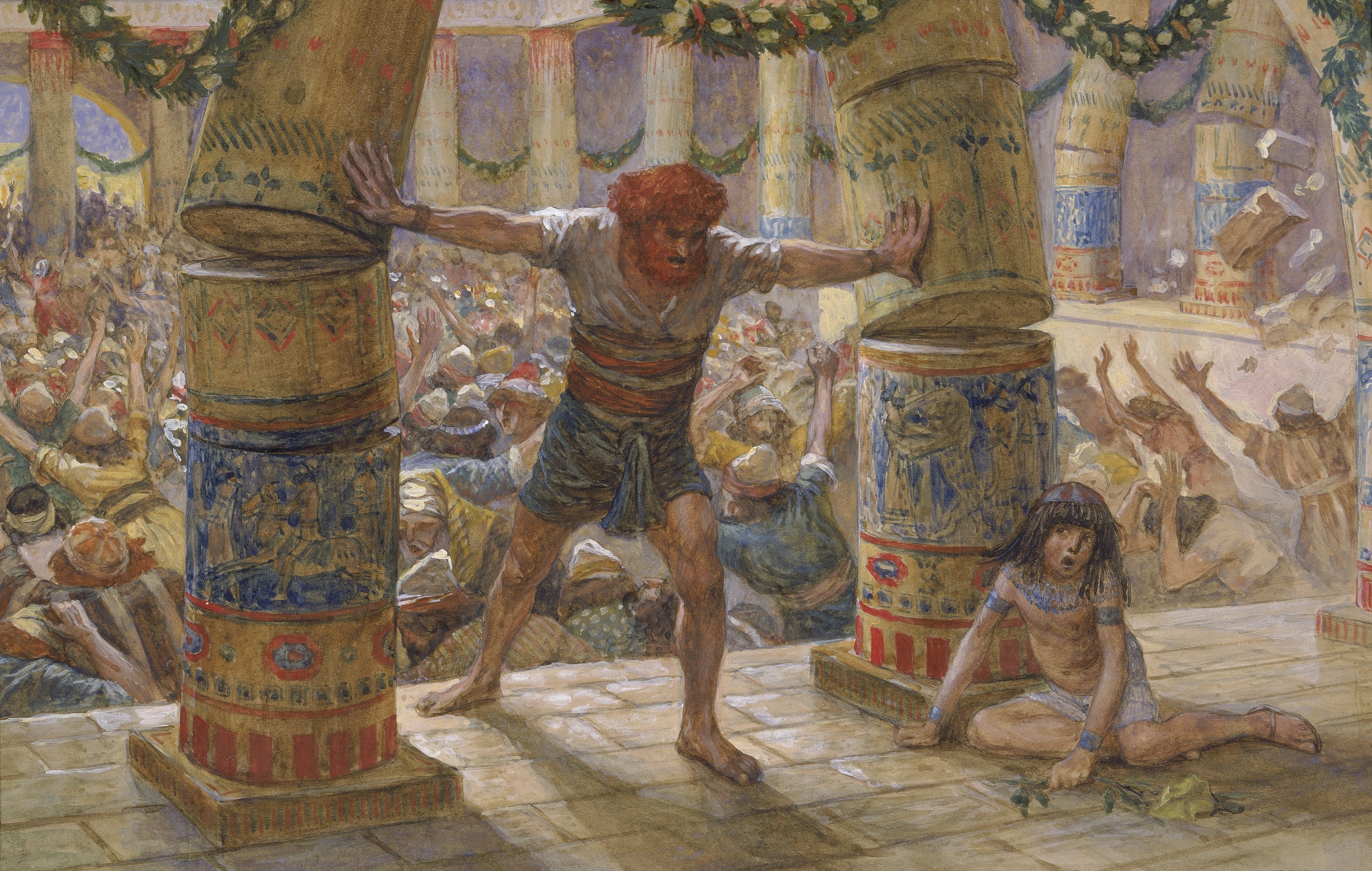James Jacques Joseph Tissot (French, 1836-1902) and followers, Samson Puts Down the Pillars (Samson écarte les colonnes), Gouache on board, c. 1896-1902
