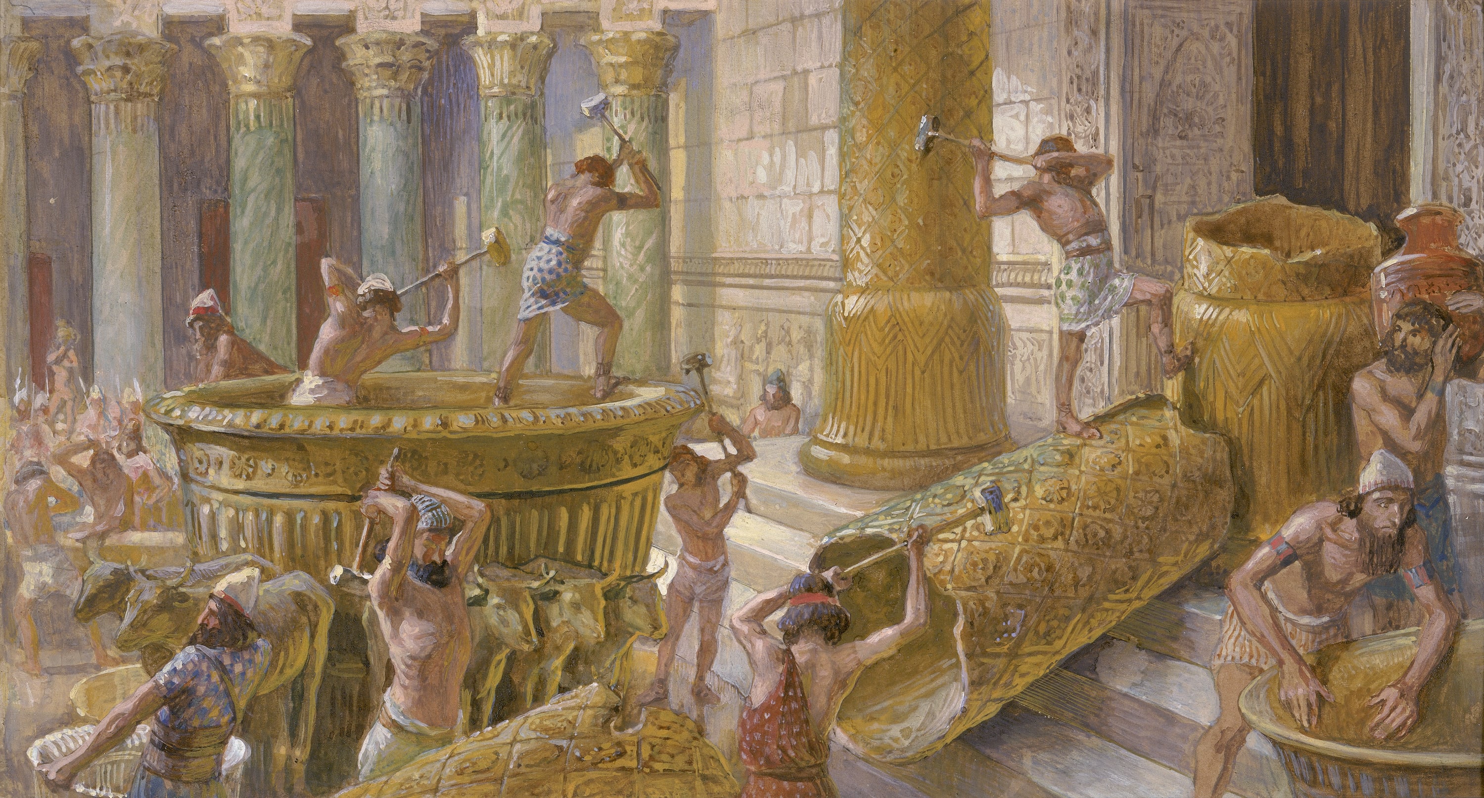 James Jacques Joseph Tissot (French, 1836-1902) and followers, The Chaldees Destroy the Brazen Sea (Les Assyriens détruisent les vases de bronze), Gouache on board, c. 1896-1902