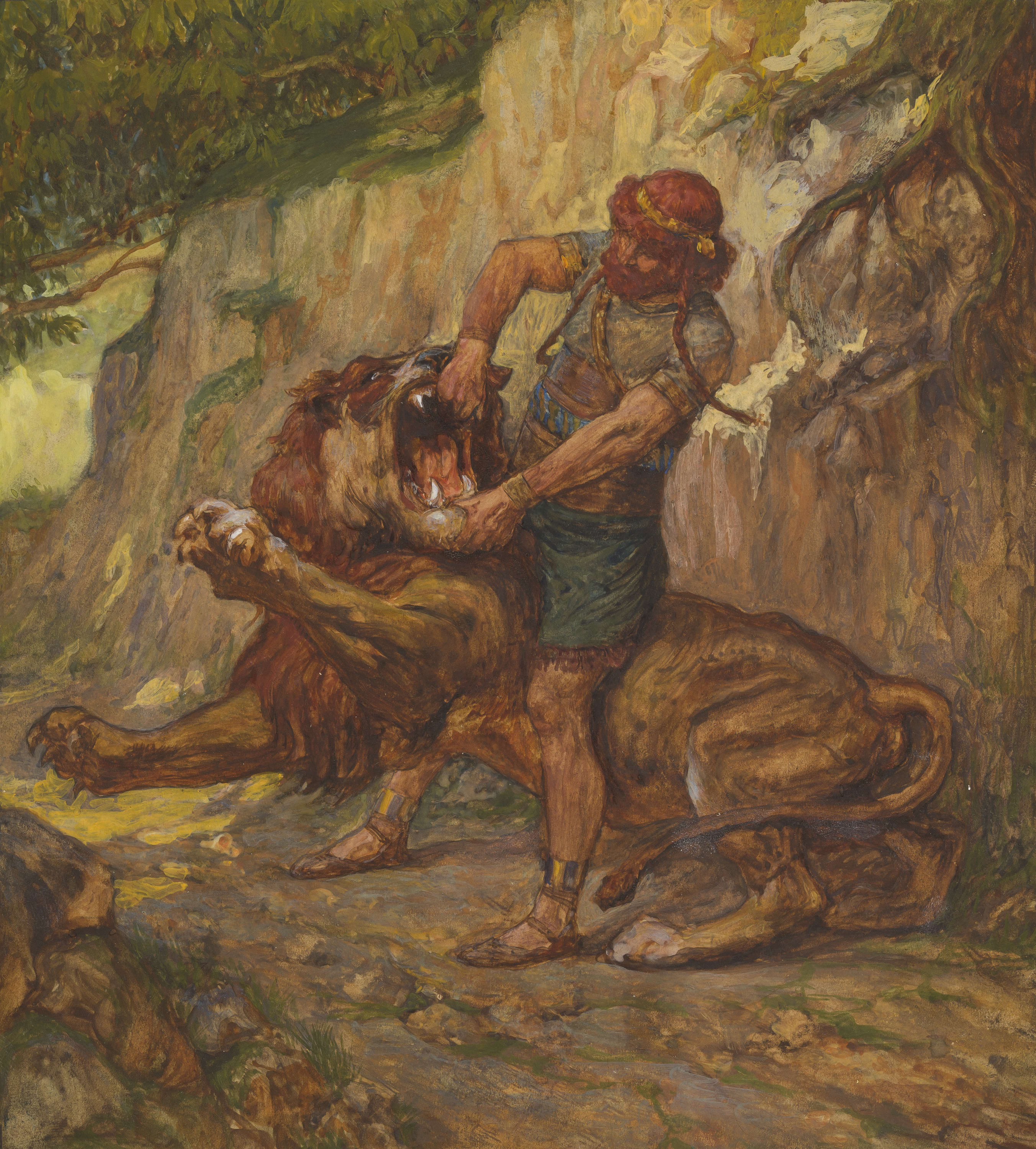 James Jacques Joseph Tissot (French, 1836-1902) and followers, Samson Kills a Young Lion (Samson et le lion), Gouache on board, c. 1896-1902