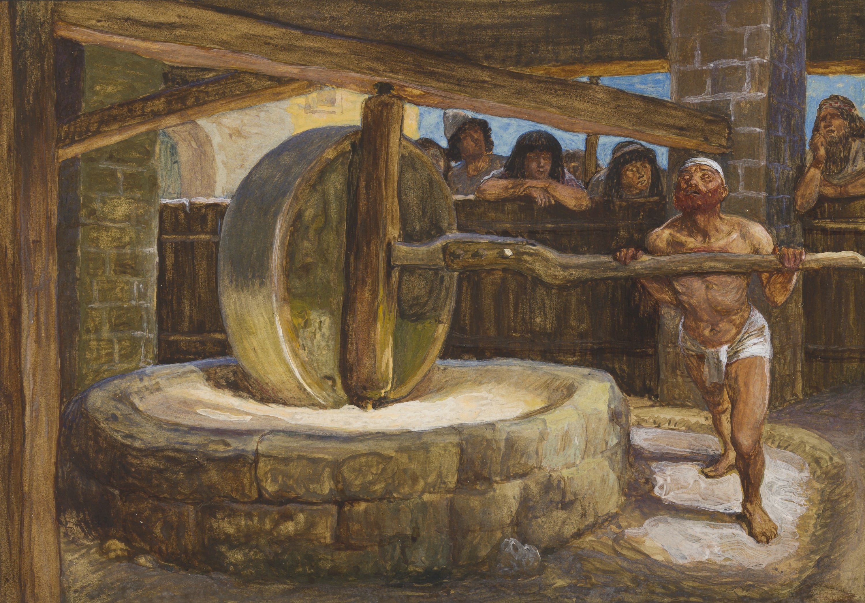 James Jacques Joseph Tissot (French, 1836-1902) and followers, Samson Turns the Mill in Prison (Samson roule la meule), Gouache on board, c. 1896-1902