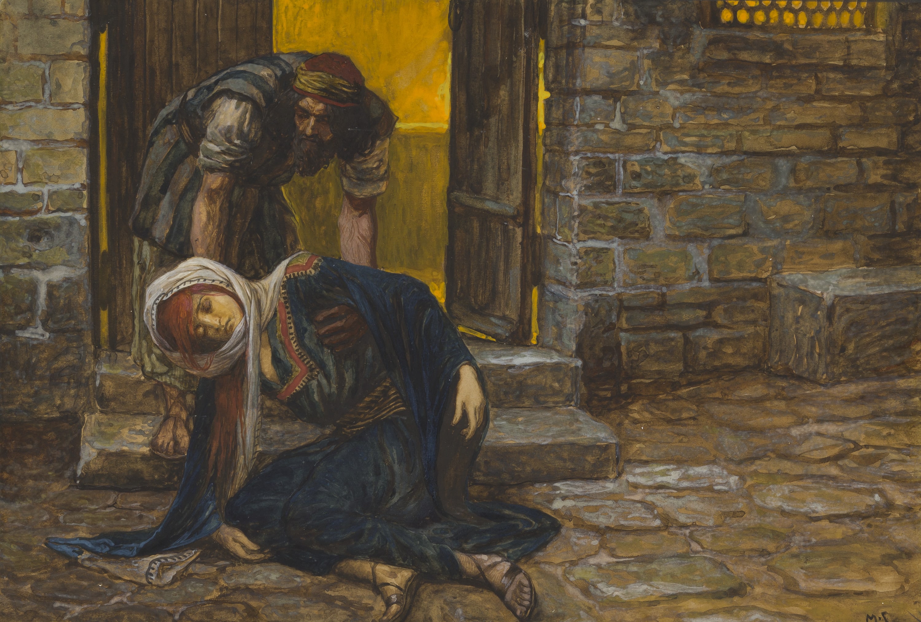 James Jacques Joseph Tissot (French, 1836-1902) and followers, The Levite Findeth His Dead Wife (Le Lévite trouve sa femme morte), Gouache on board, c. 1896-1902