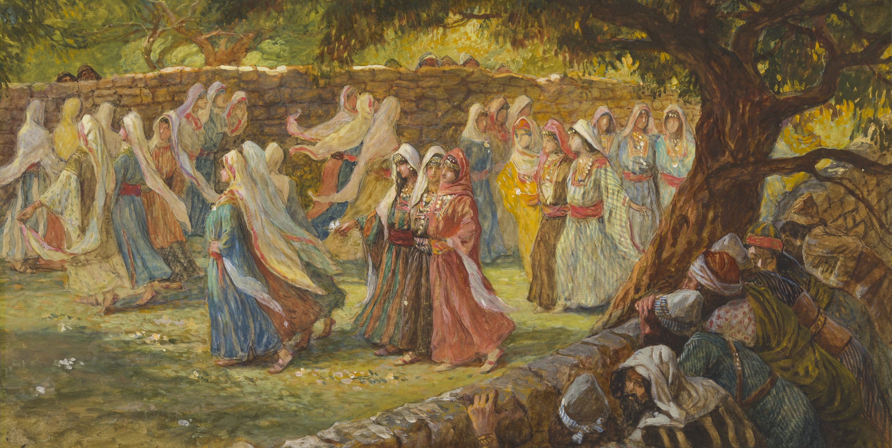James Jacques Joseph Tissot (French, 1836-1902) and followers, The Virgins of Shiloh Surprised (Les Benjamites guettent les danseuses de Silo), Gouache on board, c. 1896-1902