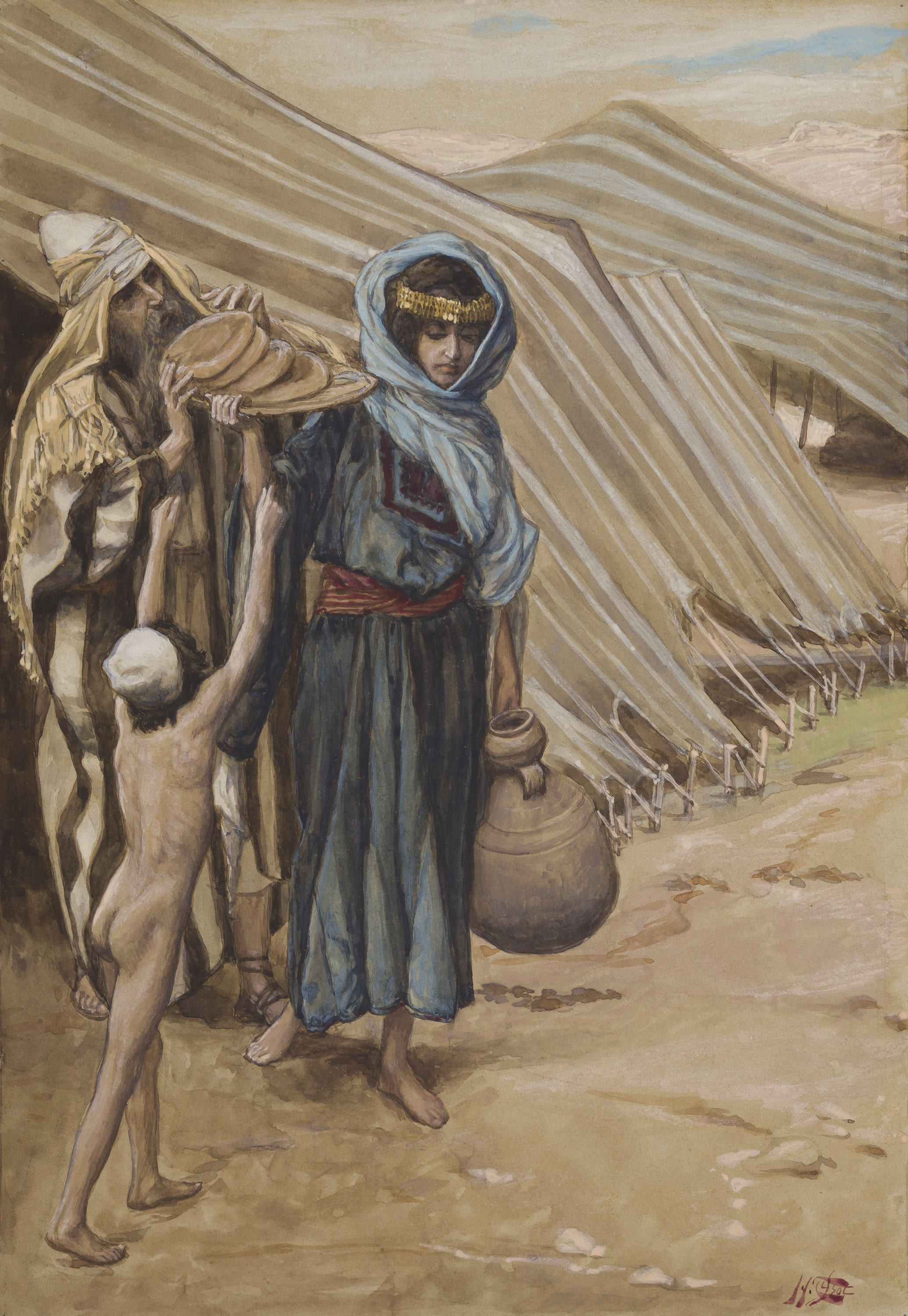 James Jacques Joseph Tissot, Hagar Departeth From Abraham (Agar quitte Abraham), Gouache on board, c. 1896-1902