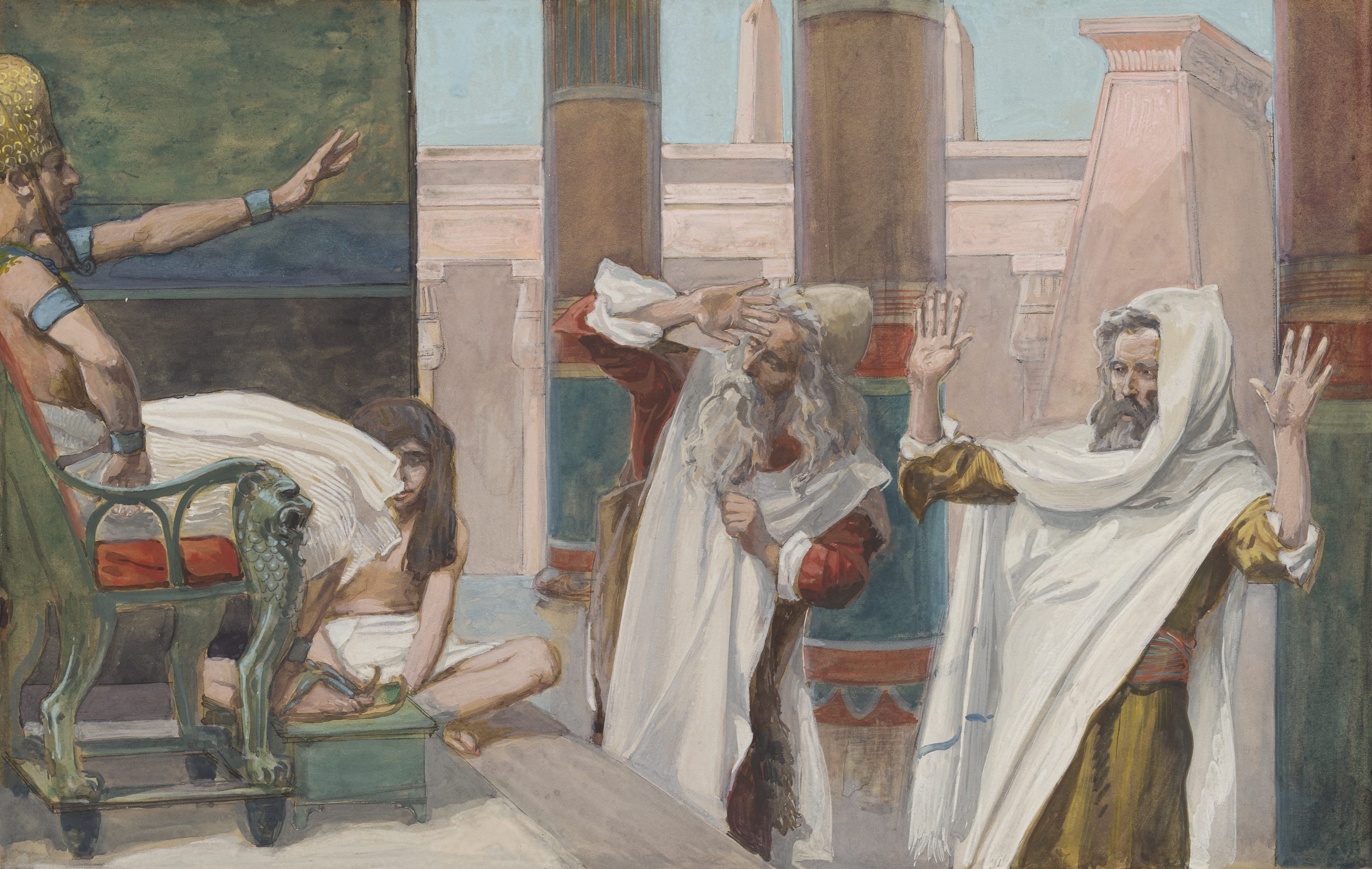 James Jacques Joseph Tissot (French, 1836-1902) and followers, Moses Leaveth Pharaoh in Anger (Moïse en colère se retire), Gouache on board, c. 1896-1902