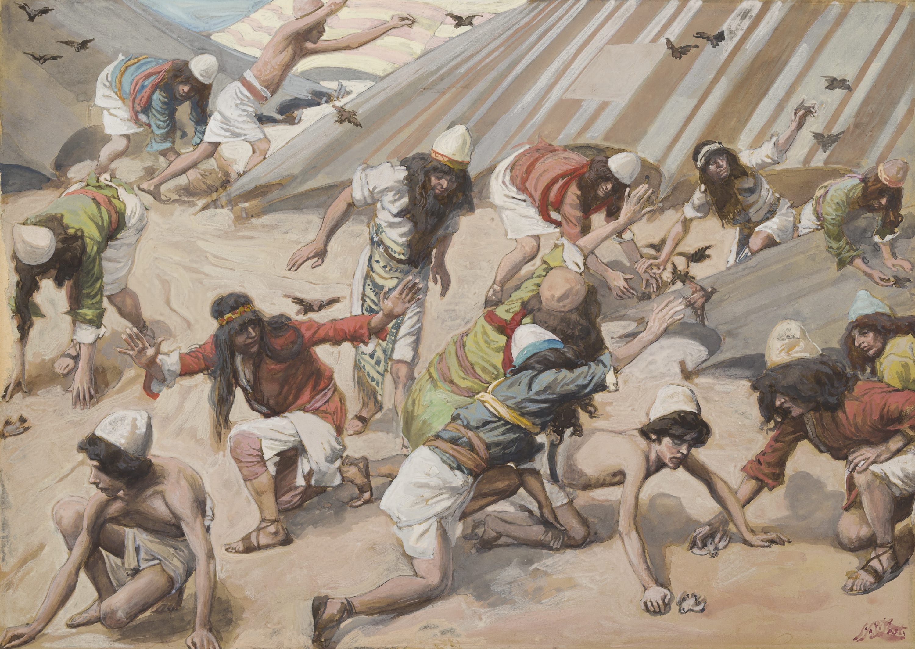 James Jacques Joseph Tissot, Quails Are Sent to the Israelites (Les cailles), Gouache on board, c. 1896-1902