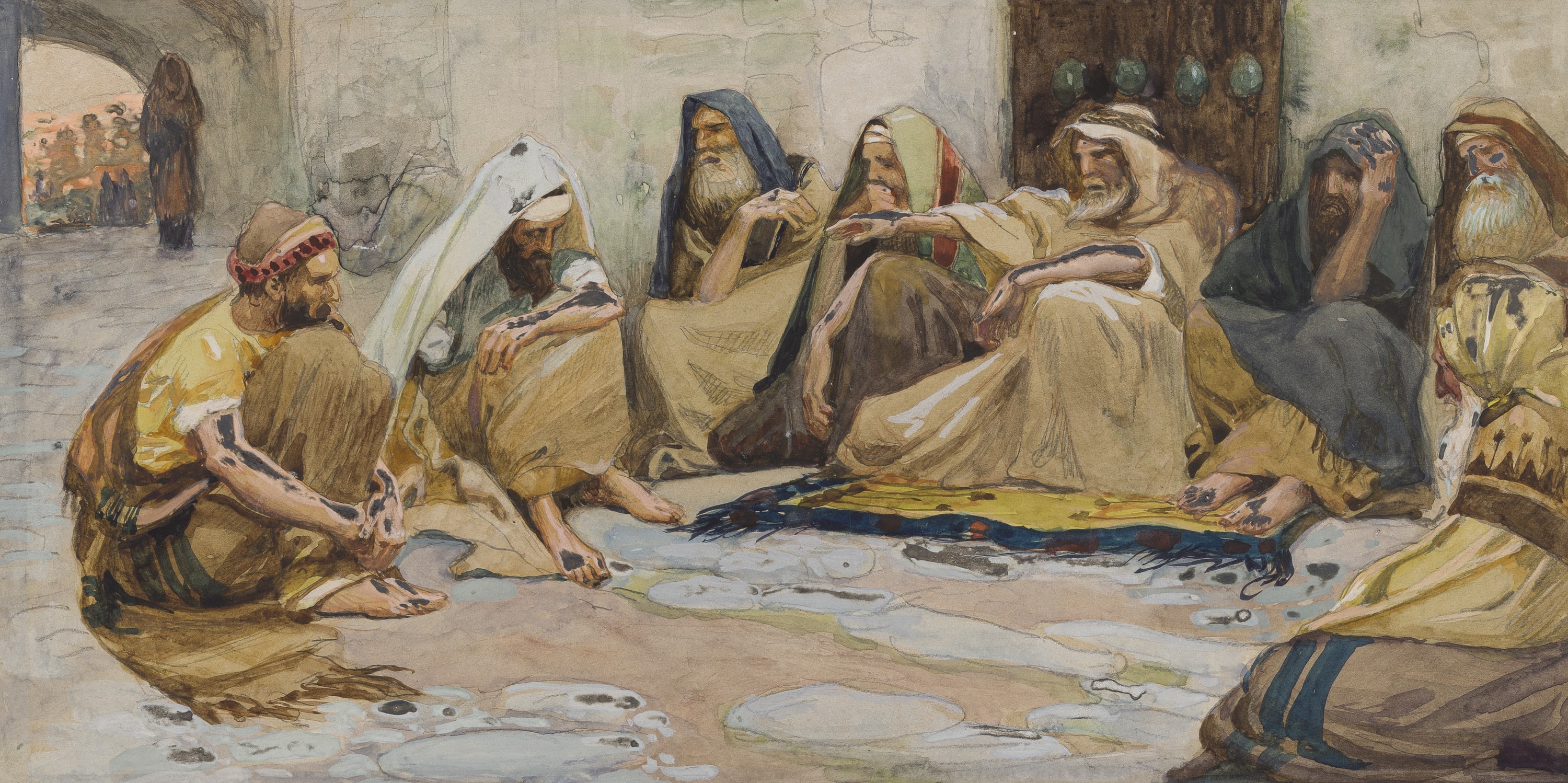 James Jacques Joseph Tissot (French, 1836-1902) and followers, The Elders at the Gate (Les vieillards à la porte), Gouache on board, c. 1896-1902