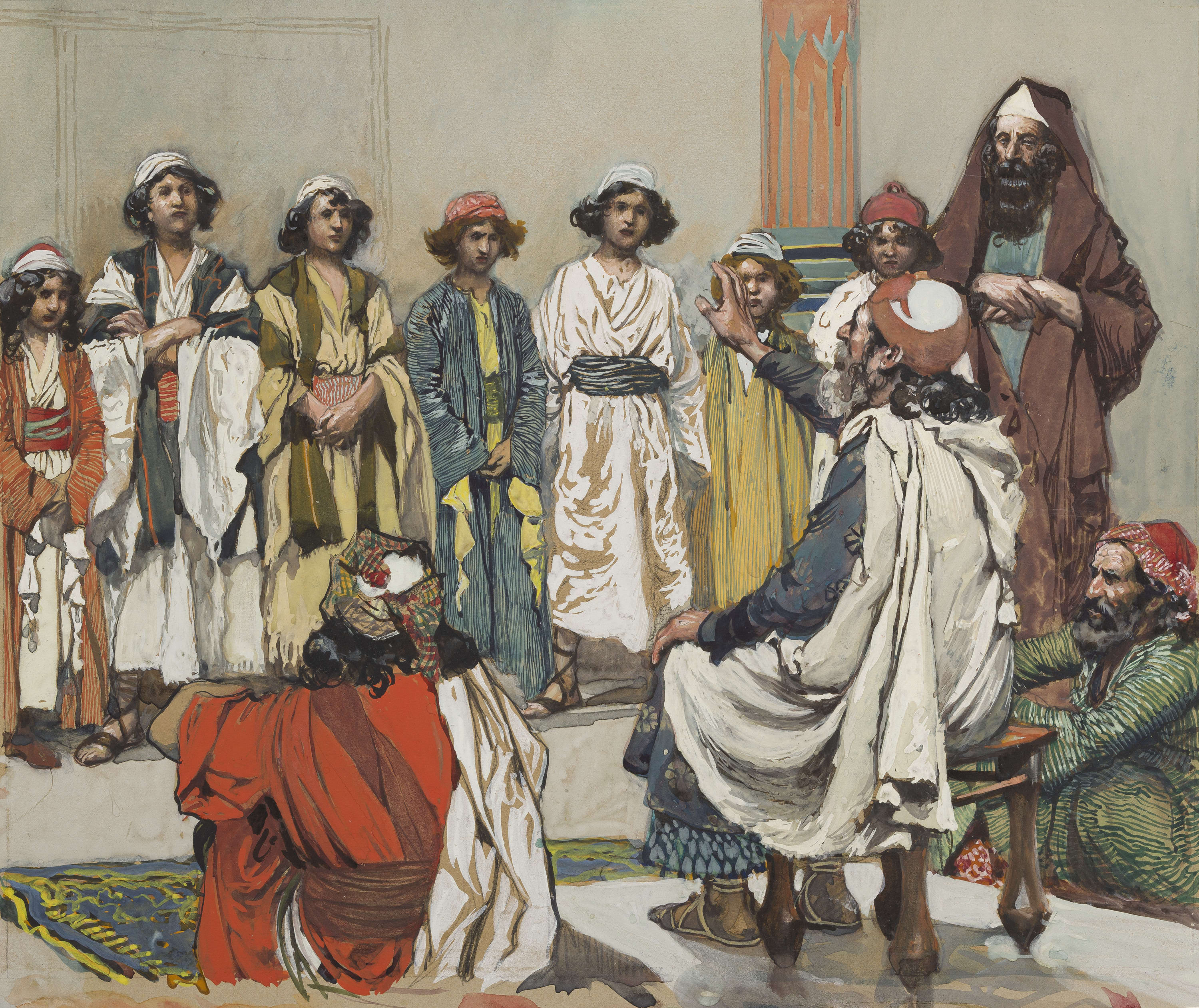 James Jacques Joseph Tissot (French, 1836-1902) and followers, Jesse Presents His Sons to Samuel (Isaï présente ses sept fils à Samuel), Gouache on board, c. 1896-1902