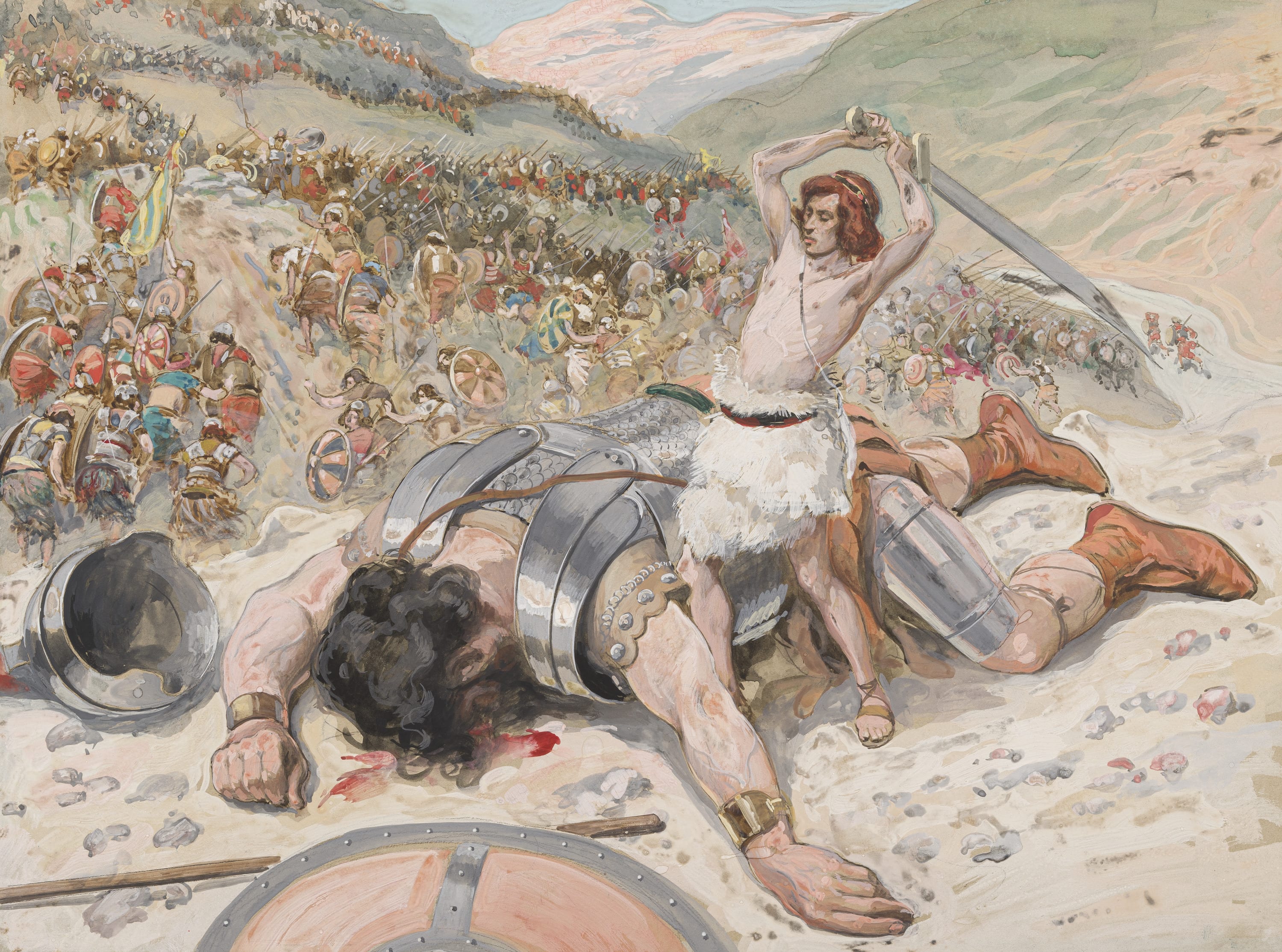 James Jacques Joseph Tissot (French, 1836-1902) and followers, David Cuts Off the Head of Goliath (David coupe la tète de Goliath), Gouache on board, c. 1896-1902