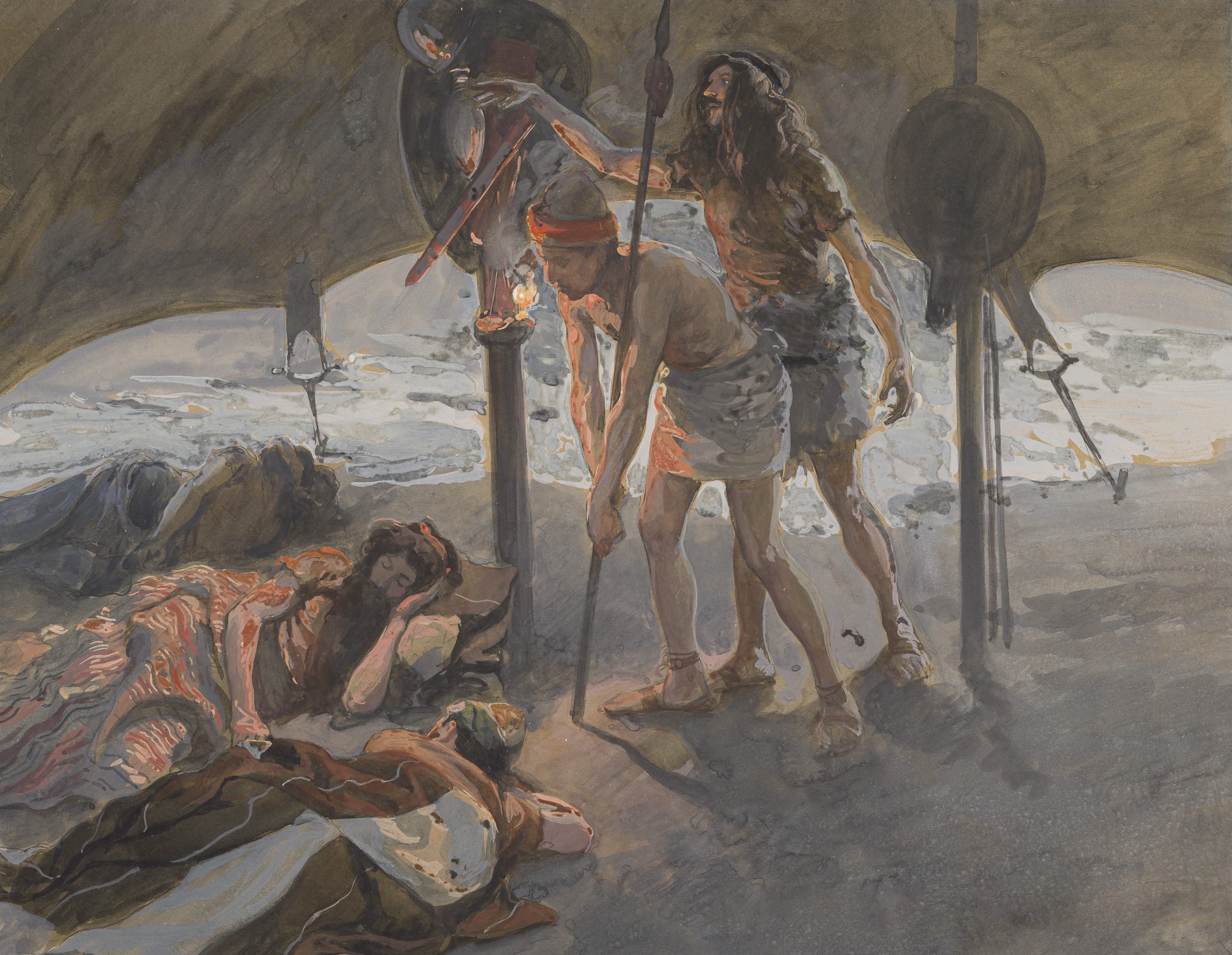 James Jacques Joseph Tissot (French, 1836-1902) and followers, David Takes Saul's Spear and Water Bottle (David prend la lance et la  coupe de Saül), Gouache on board, c. 1896-1902