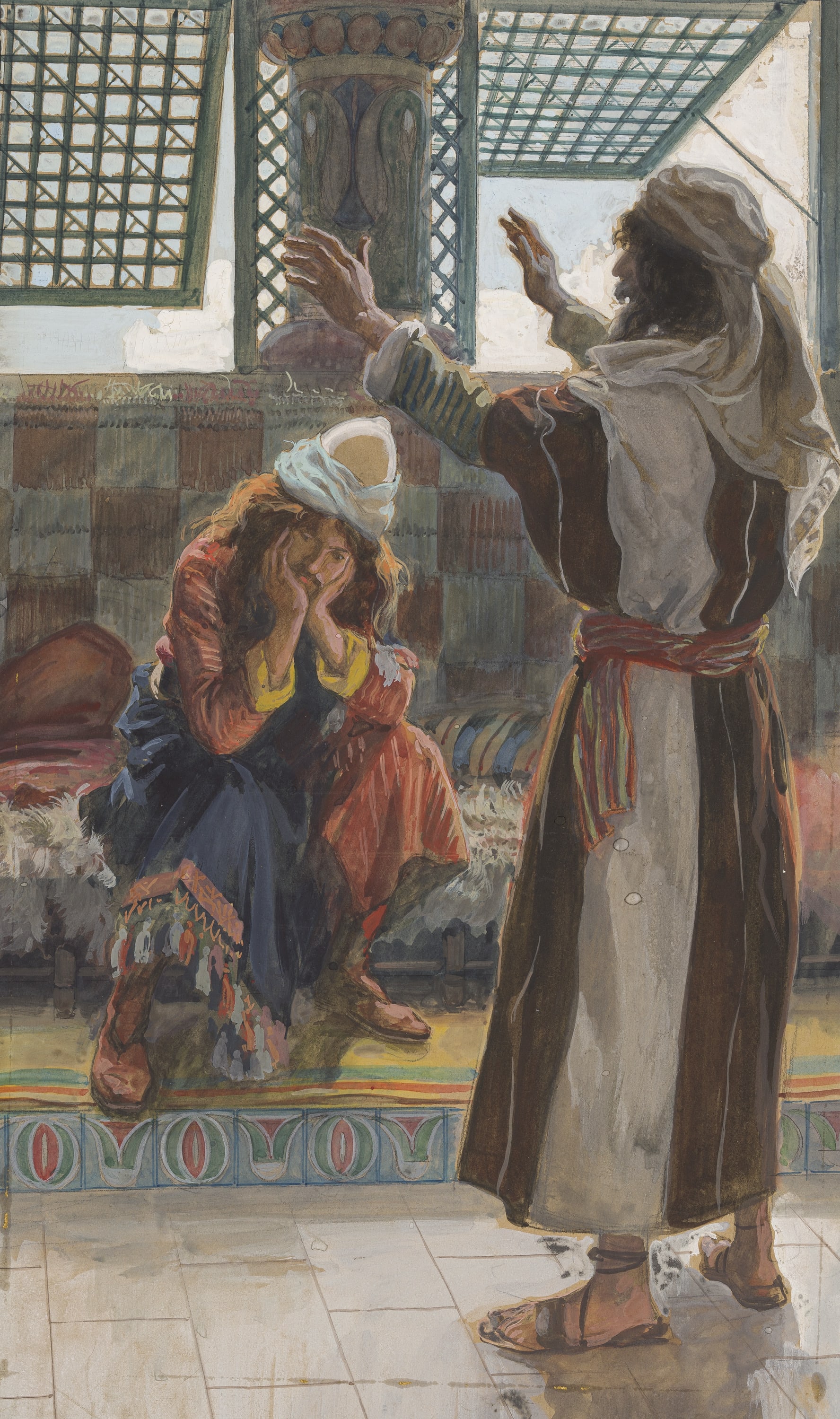 James Jacques Joseph Tissot (French, 1836-1902) and followers, Nathan Reproaches David (Nathan fait des reproches à David), Gouache on board, c. 1896-1902