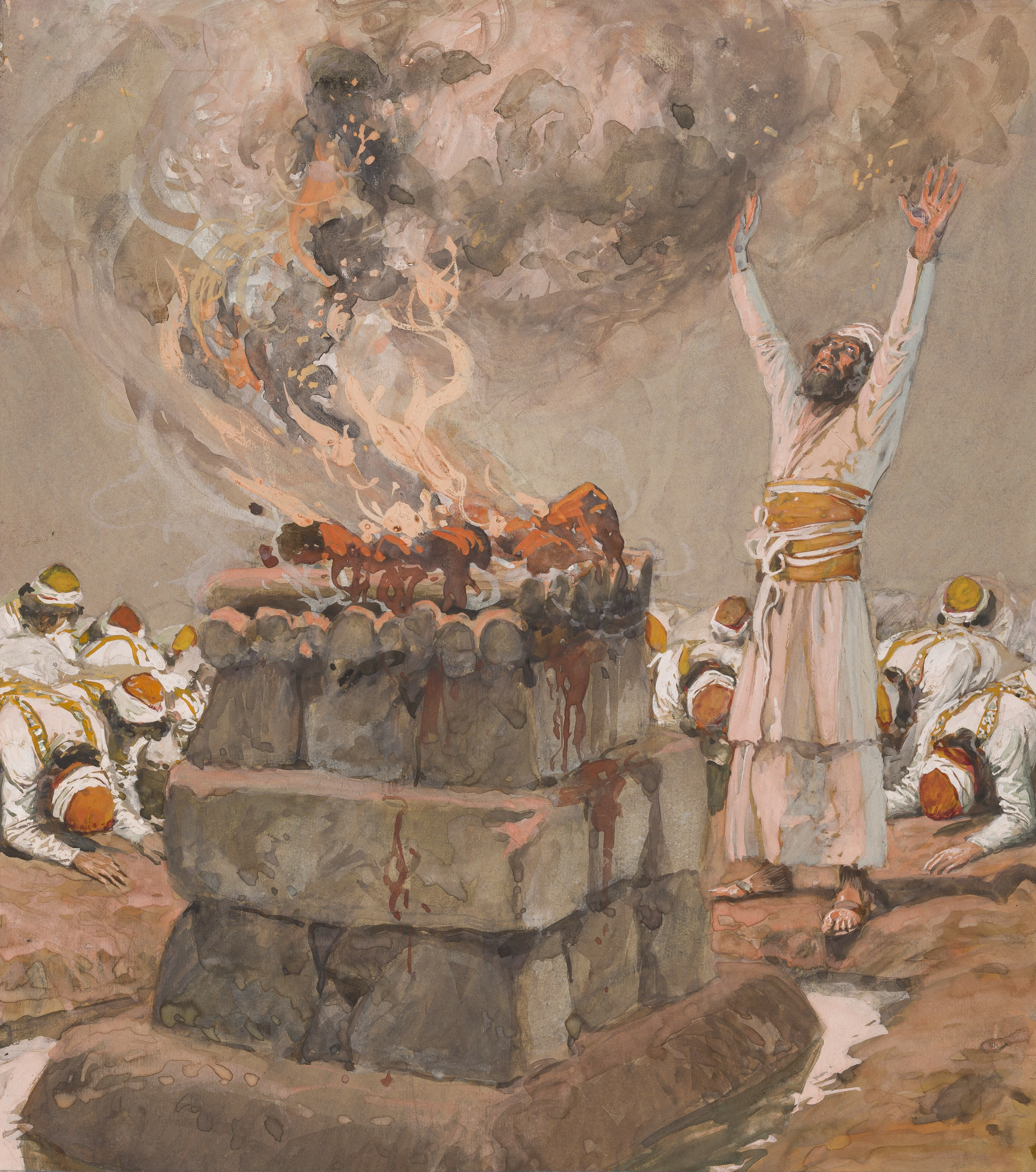 James Jacques Joseph Tissot (French, 1836-1902) and followers, Fire From Heaven Consumes the Sacrifice (Le feu d'en haut vient incendier l'autel), Gouache on board, c. 1896-1902