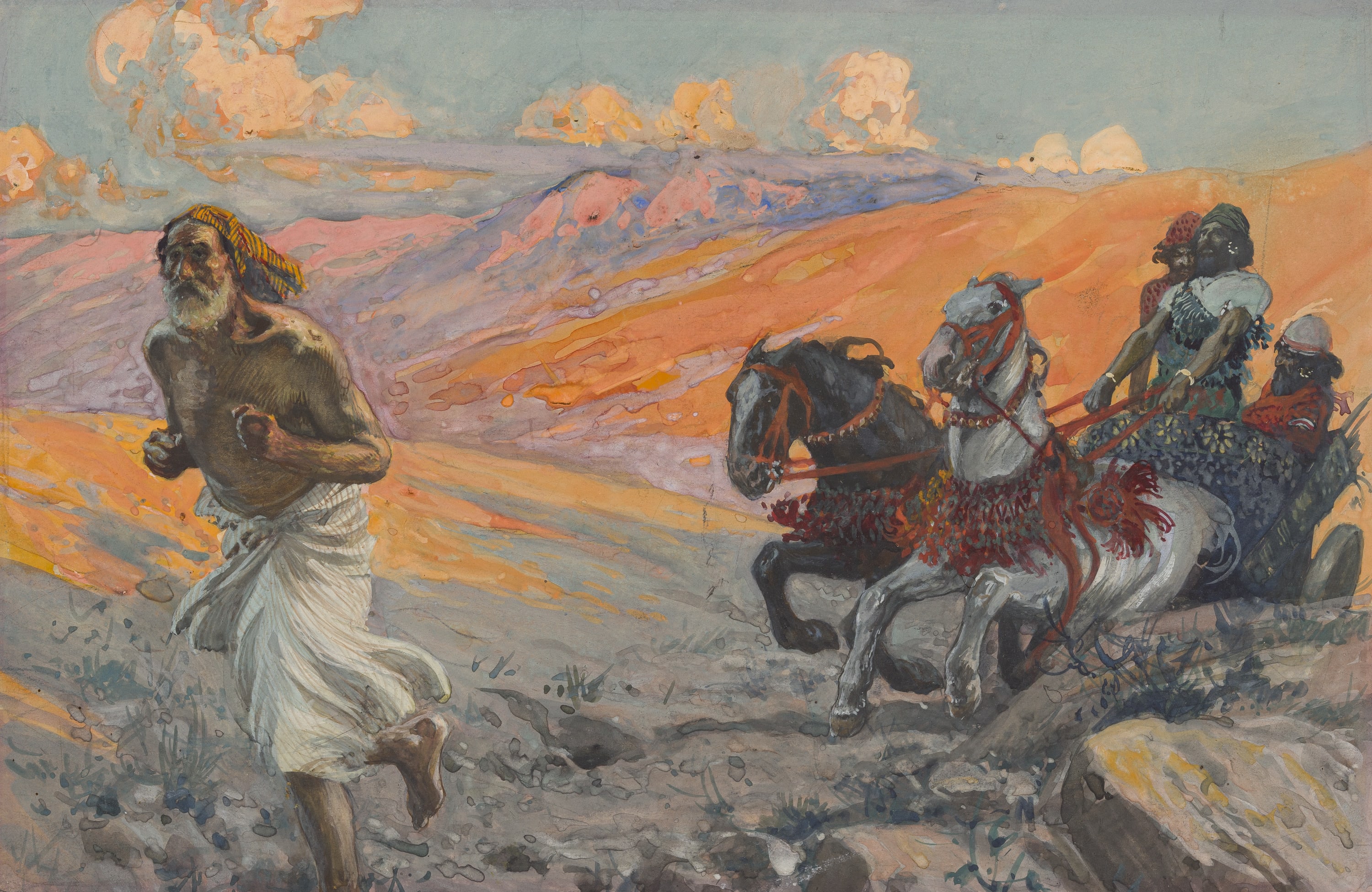 James Jacques Joseph Tissot (French, 1836-1902) and followers, Elijah Runs Before the Chariot of Ahab (Élie court devant le char), Gouache on board, c. 1896-1902