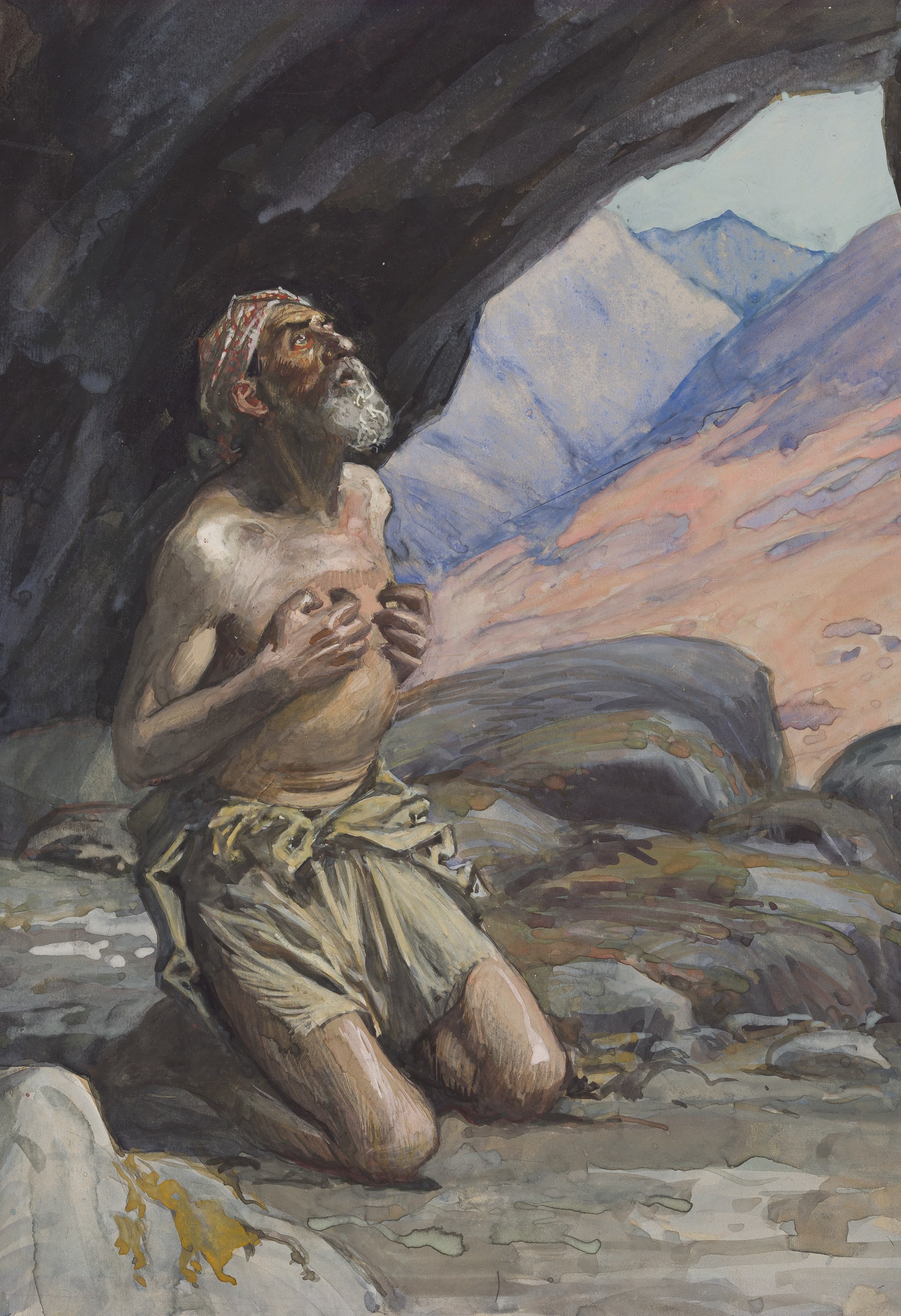 James Jacques Joseph Tissot (French, 1836-1902) and followers, Elijah Dwelleth in a Cave (Élie dans la grotte), Gouache on board, c. 1896-1902