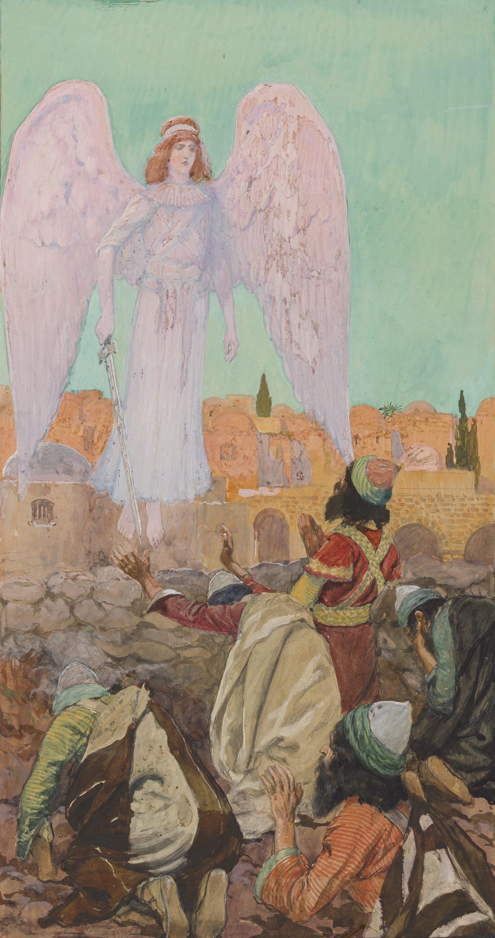 James Jacques Joseph Tissot (French, 1836-1902) and followers, An Armed Angel Appears to Many (Une ange apparut), Gouache on board, c. 1896-1902